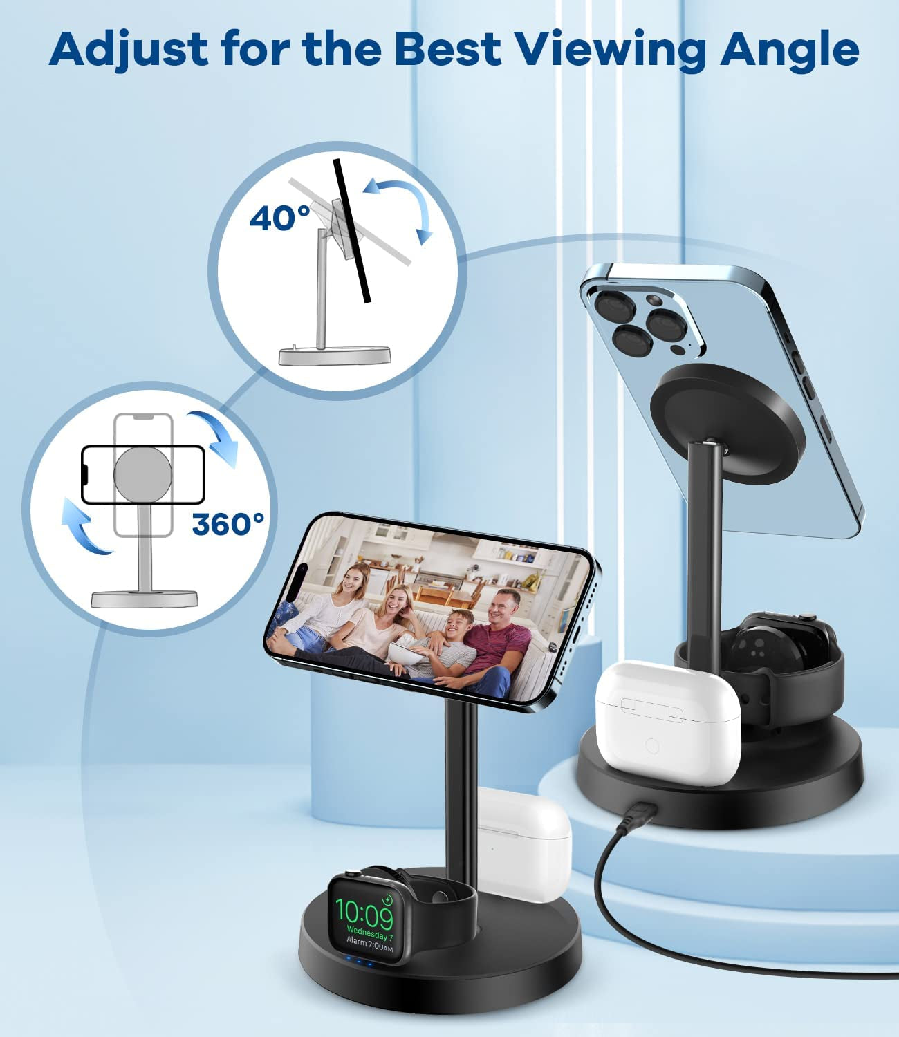 Mag-Safe 3 in 1 Wireless Charging Station, 15W Fast Magnetic Wireless Charger Stand for Iphone 14/13/12Pro/Pro Max/Mini/Plus, Apple Watch Ultra/8/7/6/Se/5/4/3/2, Airpods 3/2/1/Pro with QC3.0 Adapter  Guiartec   