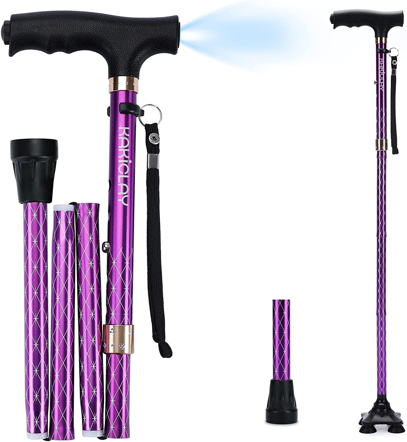 KAKICLAY Folding Walking Cane with LED Light for Women & Men, Foldable Adjustable Lightweight Aluminum Walking Stick for Seniors & Adults  KAKICLAY Argyle Purple  