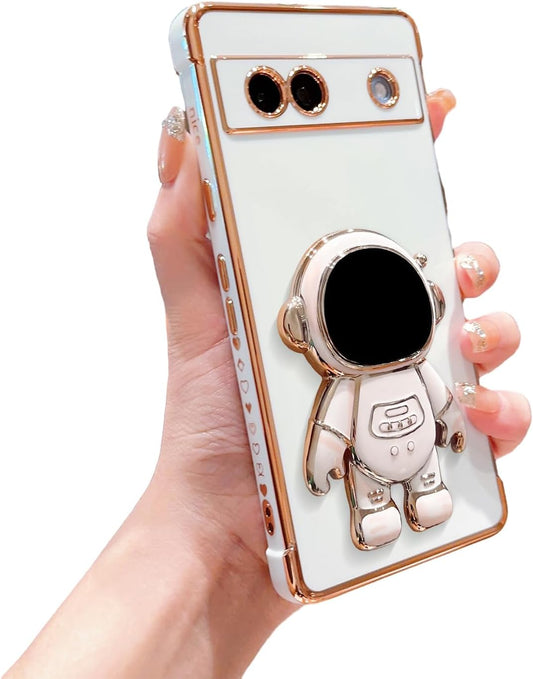 Phylla Phone Case for Google Pixel 7A 6.1” 5G,Luxury Plating Astronaut Stand Holder Phone Case with Cute Love Heart Side Small Pattern Soft Silicone Shockproof Kickstand Cover Bumper (White)  phylla   