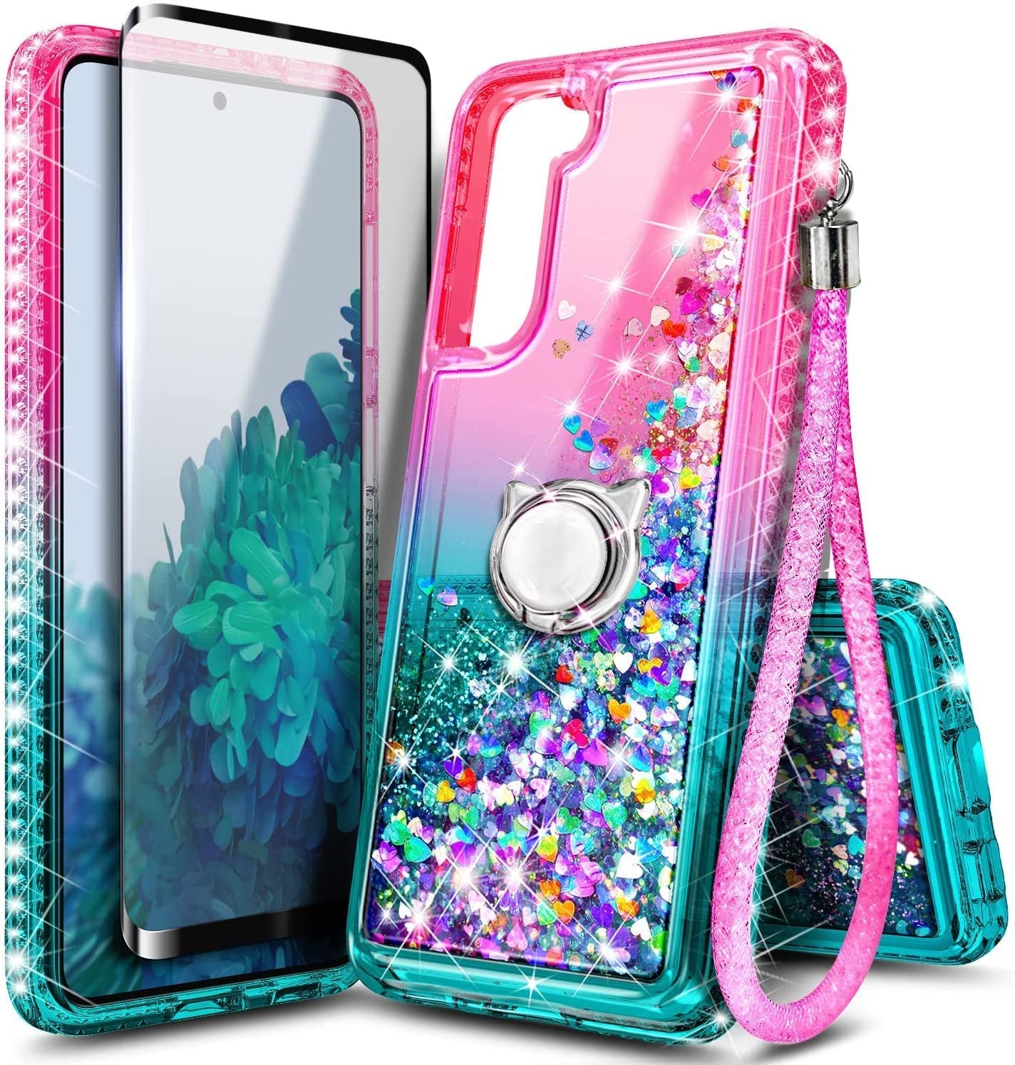 NGB Case for Samsung Galaxy S21 plus with Screen Protector (Maximum Coverage, Flexible TPU Film), Ring Holder, Girls Women Liquid Bling Sparkle Fashion Glitter Clear Cute Case (Pink/Aqua)  NGB   