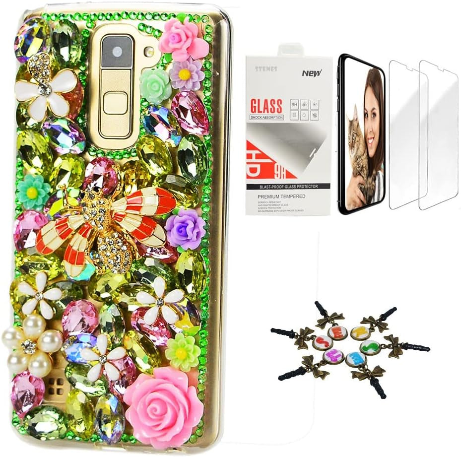 STENES Bling Case Compatible with LG V40 Thinq - Stylish - 3D Handmade [Sparkle Series] Rhinestone Pretty Cat Crown Rose Flowers Design Cover with Screen Protector [2 Pack] - Blue  STENES Crystal Bee Rose Flowers / Green Design For Lg Aristo 3 / Lg Tribute Empire 