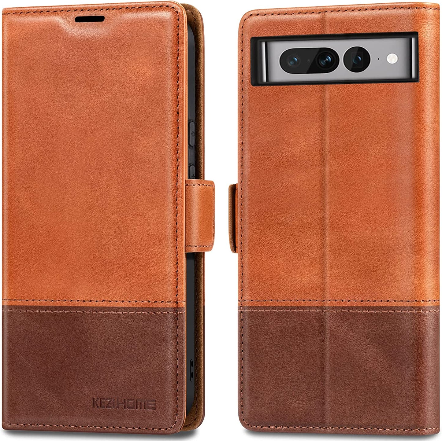 Kezihome Case for Google Pixel 7A, Genuine Leather Wallet Case with Card Holder [RFID Blocking] Kickstand Flip Protective Heavy Duty Phone Cover for Google Pixel 7A 5G 2023 (Red/Brown)  KEZiHOME Khaki/Brown Google Pixel 7 Pro 