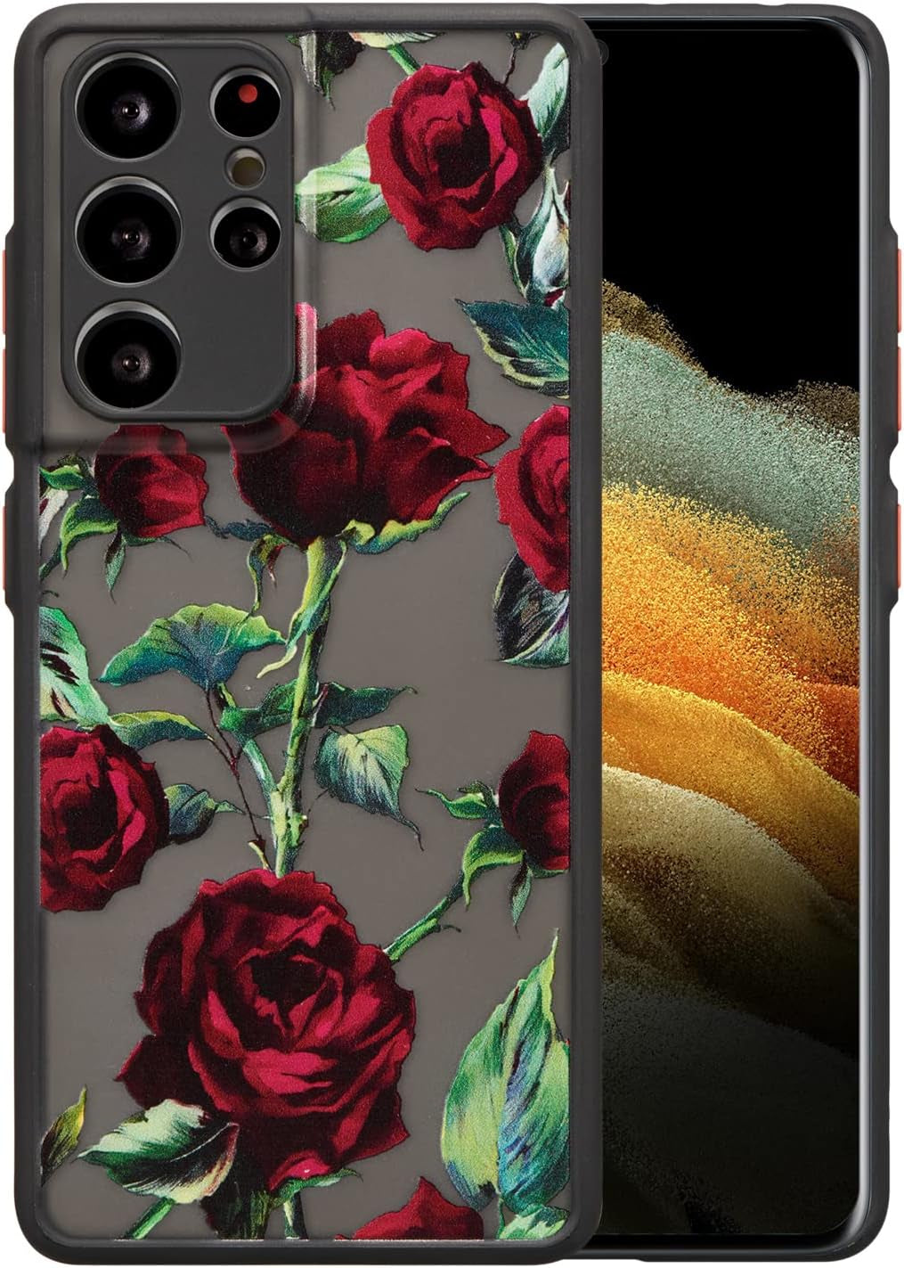 XIZYO for Samsung Galaxy S21 Ultra Case Floral Rose Phone Case Cute Aesthetic Phone Case for Women Girls Clear Back Cover Pattern Slim Anti-Yellow Shockproof TPU Bumper Case, Black  XIZYO Red  