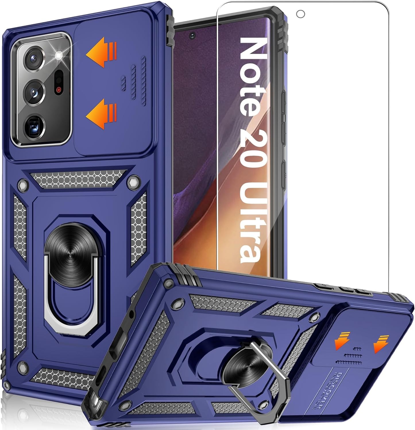 ATUMP for Samsung Galaxy Note 20 Ultra Case with HD Screen Protector, Build in 360° Rotating Ring Kickstand [Military Grade] Protective Case for Galaxy Note 20 Ultra, Black  Atump Blue  
