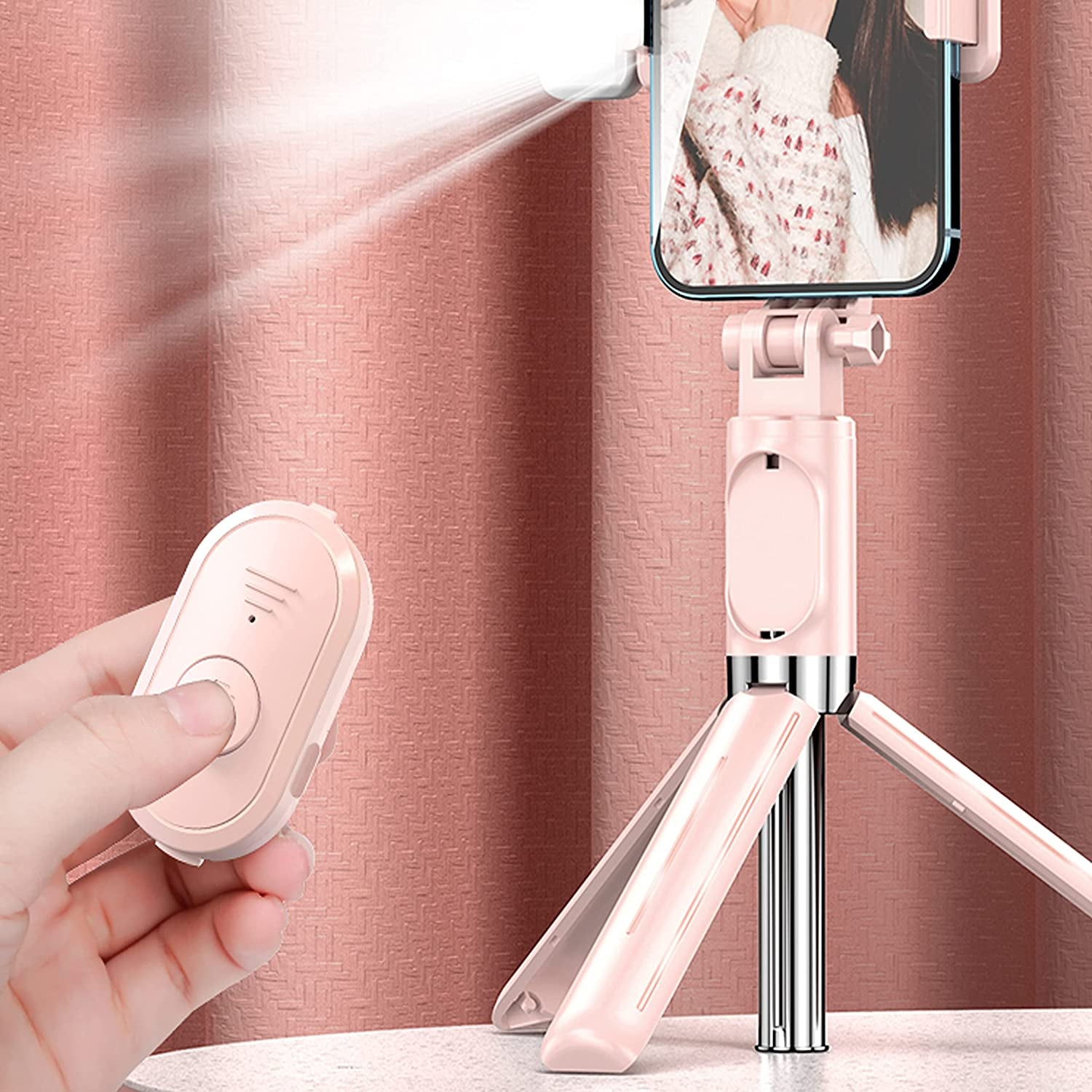Selfie Stick & Phone Tripod,Mqouny Portable Selfie Fill Light,Portable All-In-One Professional Travel Tripod with Remote, Compatible with Android/Iphone (Pink)  MQOUNY Dongguan Manxin Electronic Technology Co. , Ltd.   