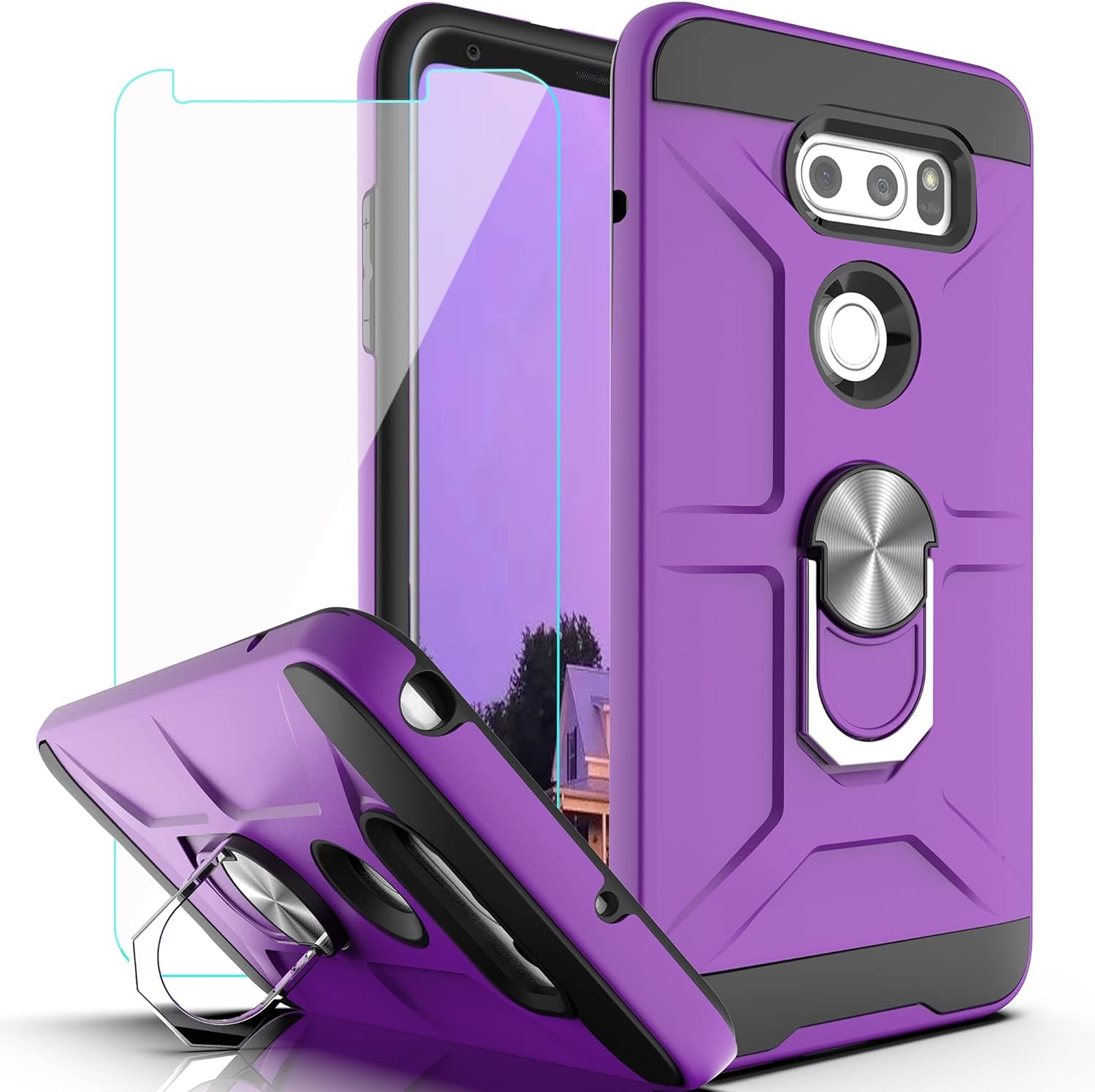 Ymhxcy Case Compatible with LG V35 Thinq/V30/V30 Plus/ V30S Thinq/ V35 Case with HD Screen Protector,360 Degree Rotating Ring Kickstand Holder Dual Layers of Shockproof Case for V30-ZS (Zs-Red)  YmhxcY Zs-Purple  