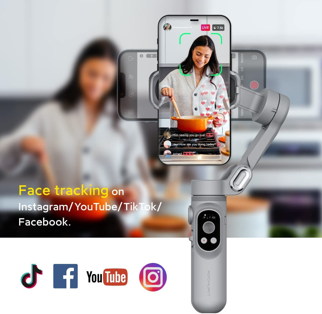 Gimbal Stabilizer for Smartphone W/Led Light Face Tracking Inception Timelapse Handheld Foldable 3-Axis Gimble for Iphone 14 13 12 11 Pro/Max Android Galaxy S21 Youtube Tiktok Vlog AOCHUAN Smart X  AOCHUAN   