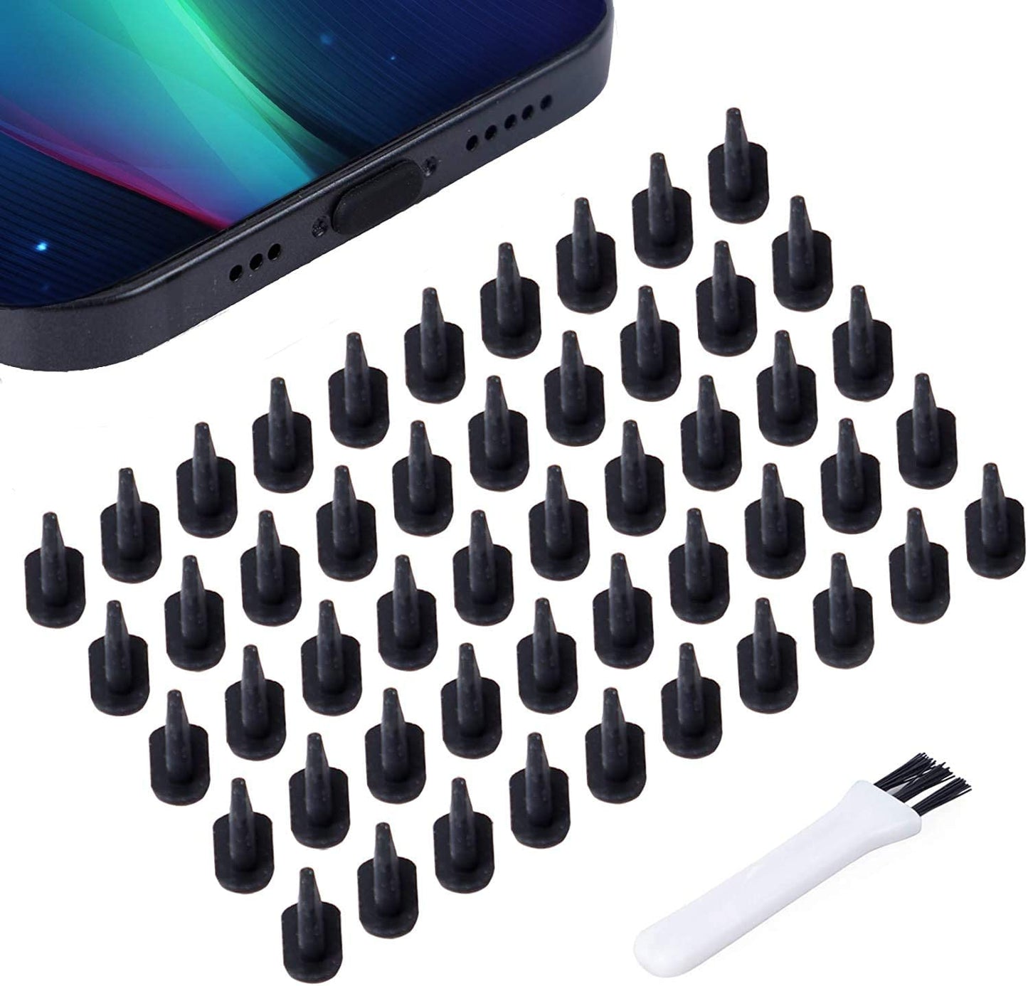 Portplugs Dust Plugs (10 Pack) Flat Design Compatible with Iphone 14, 13, 12, 11, X, 8, 7, Plus, Pro, Max and Air Pods, Includes Charging Port Cleaning Brush (Black)  PortPlugs Black. 50 Pack  