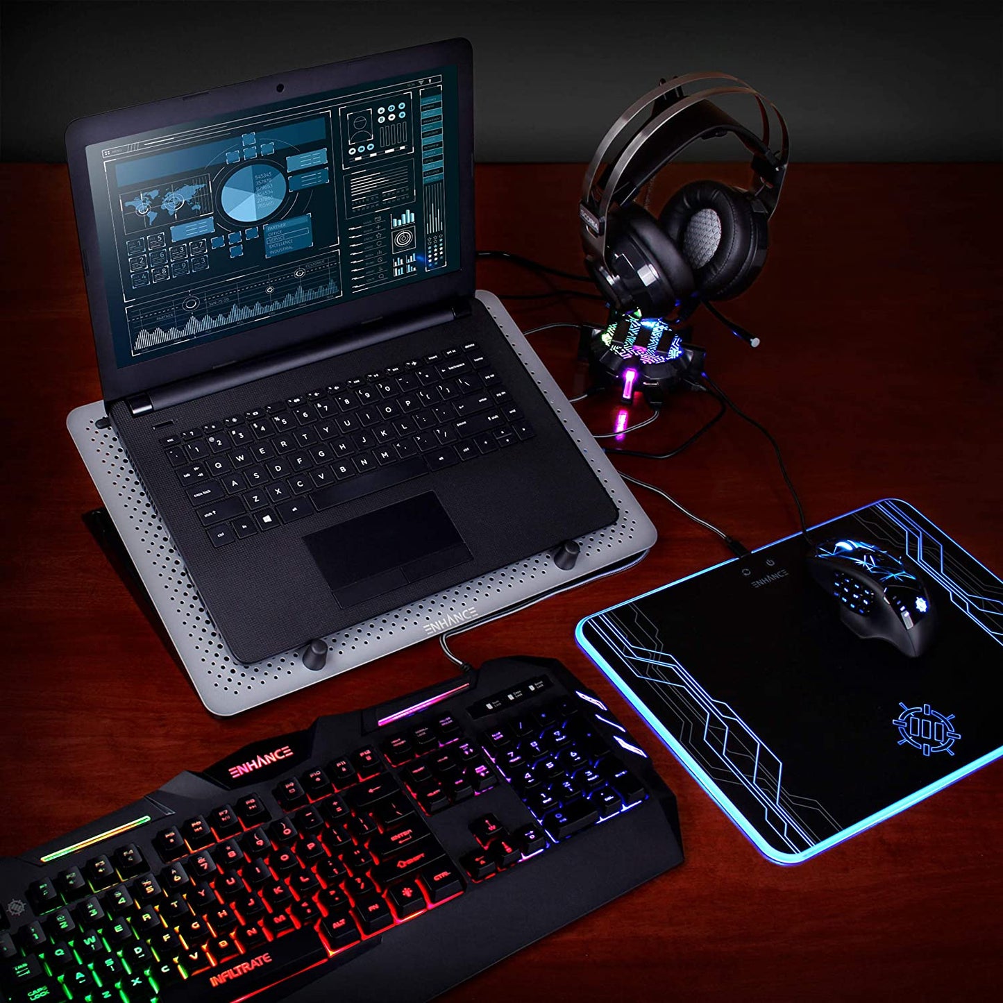 ENHANCE Cryogen 3 Gaming Laptop Cooling Pad - USB Powered 5 LED Fans , Metal Cooler Surface Fits 17.3 Inch Laptops , Smartphone Device Holder , 5 Adjustable Stand Settings , Portable for PC Gamer  ENHANCE   