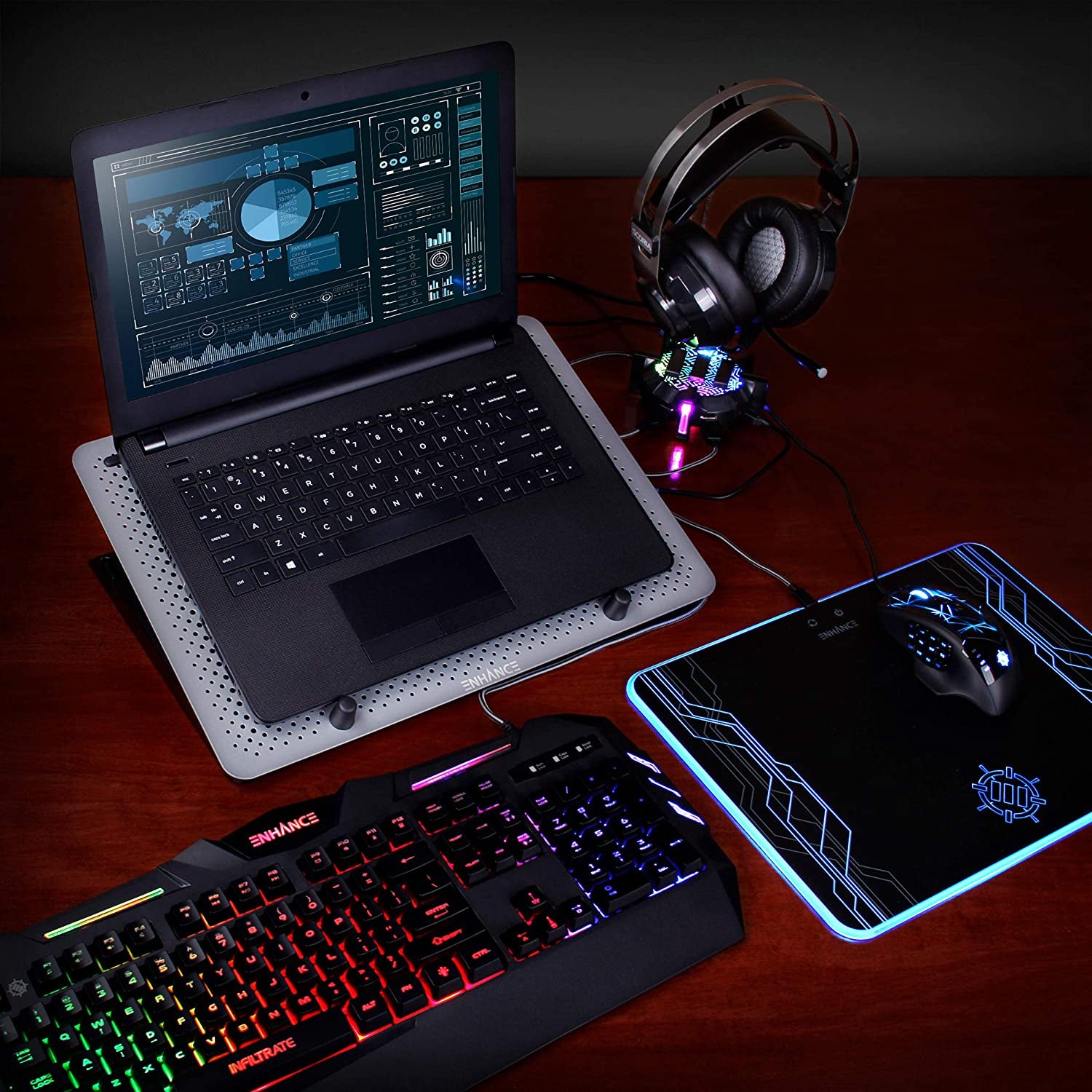 ENHANCE Cryogen 3 Gaming Laptop Cooling Pad - USB Powered 5 LED Fans , Metal Cooler Surface Fits 17.3 Inch Laptops , Smartphone Device Holder , 5 Adjustable Stand Settings , Portable for PC Gamer  ENHANCE   