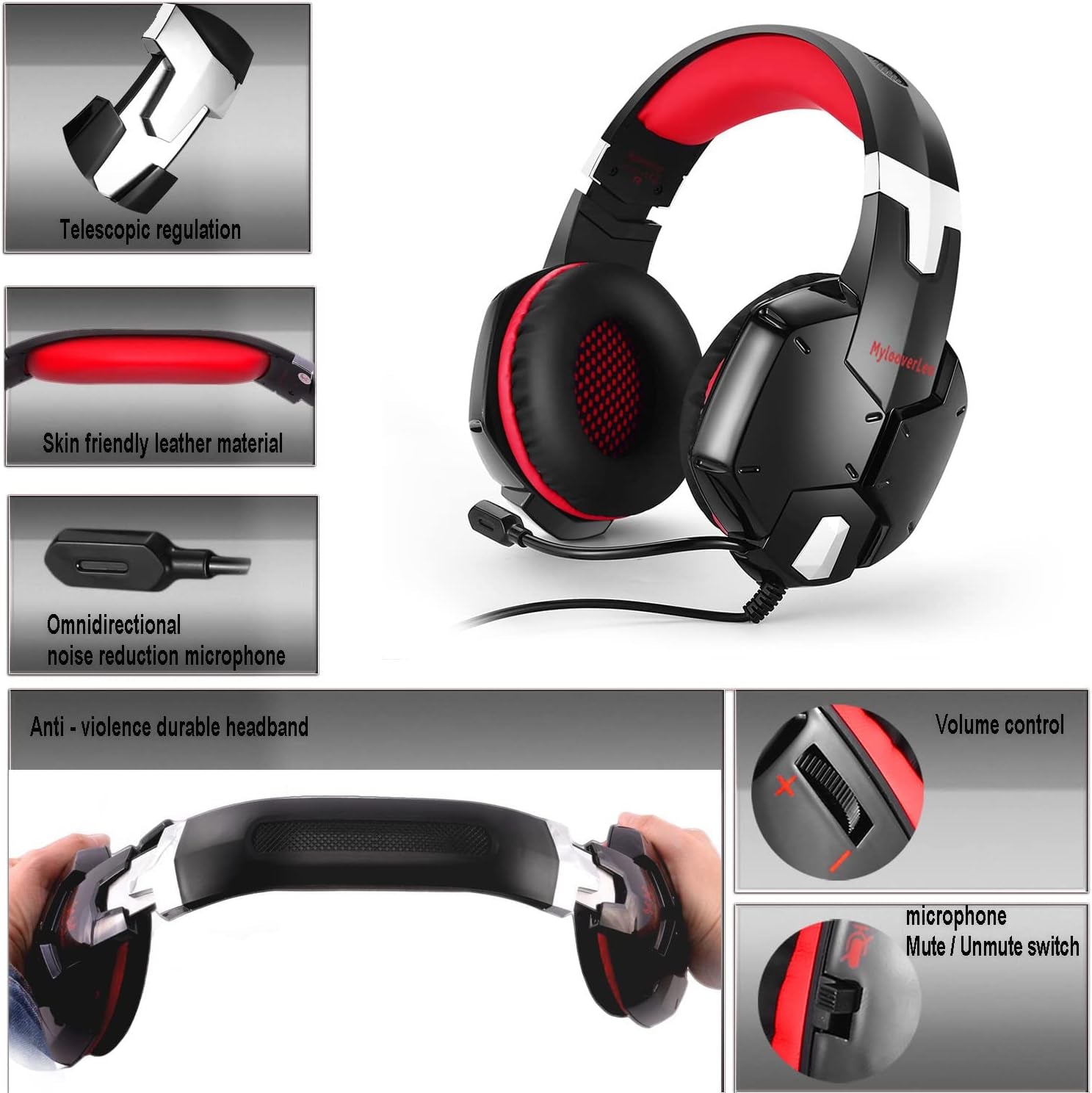 Mylooverleo Wired PC Gaming Headset over Ear Stereo Bass Headphone with Ambient Noise Reduction Mic 3.5Mm Plug Cable for PS4 PC Smart Phone (Red)  MeetLEO   