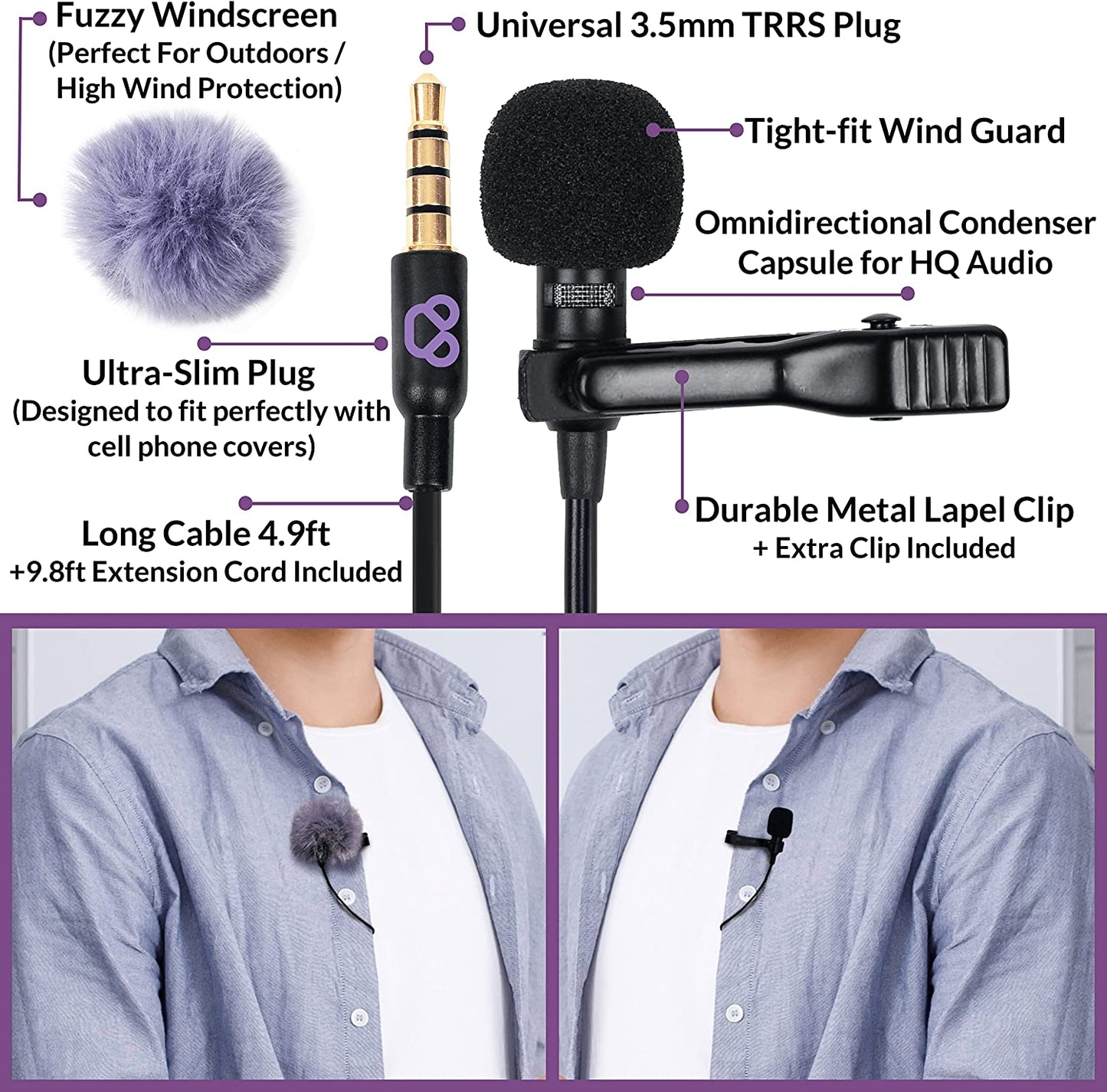 Purple Panda Lavalier Lapel Microphone Kit - Clip-On Omnidirectional Condenser Lav Mic Compatible with Iphone, Ipad, Gopro, DSLR, Zoom/Tascam Recorder, Samsung, Android, PS4  Purple Panda   