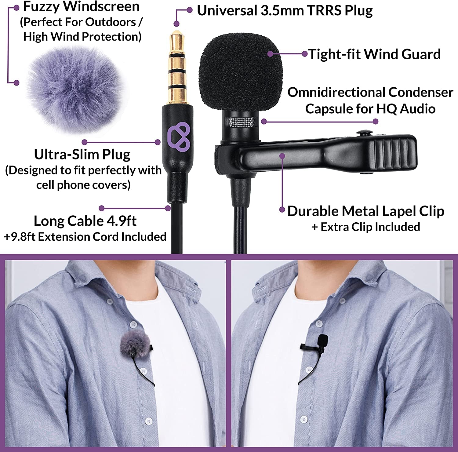 Purple Panda Lavalier Lapel Microphone Kit - Clip-On Omnidirectional Condenser Lav Mic Compatible with Iphone, Ipad, Gopro, DSLR, Zoom/Tascam Recorder, Samsung, Android, PS4  Purple Panda   