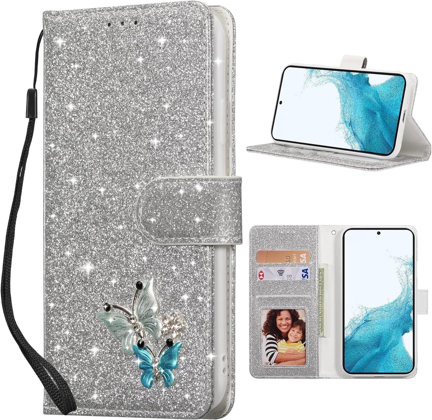 UEEBAI Wallet Case for Samsung Galaxy A53 5G, Premium Glitter PU Leather Phone Case Card Slots Kickstand Case Magnetic Closure Bling Handbag Case Shockproof Hand Strap Flip Cover - Glitter Purple  UEEBAI Silver Samsung Galaxy S22 5G 