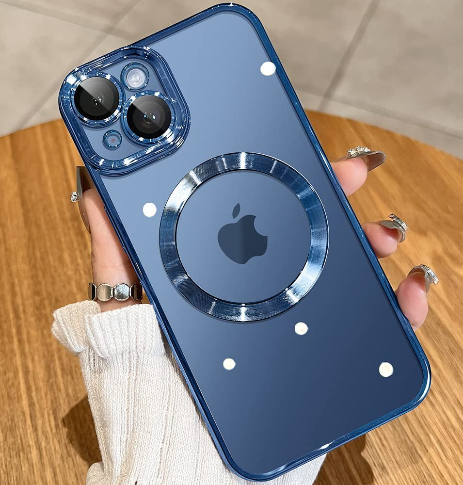 JUESHITUO Magnetic Matallic Glossy Clear for Iphone 14 Case with Full Camera Cover Protection [No.1 Strong N52 Magnets] [Military Grade Drop Protection] for Women Girls Phone Case (6.1")-Sierra Blue  JUESHITUO F-Navy Blue  