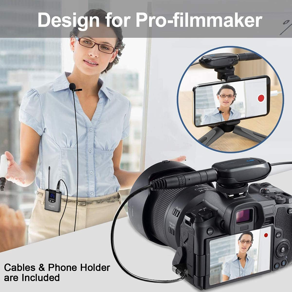 Alvoxcon Wireless Headset Lavalier Microphone System with Phone Holder Dual Wireless Lapel Mic for Iphone, DSLR Camera, PA Speaker, Youtube, Zoom, Podcast, Video Recording, Conference, Vlogging,  Alvoxcon   