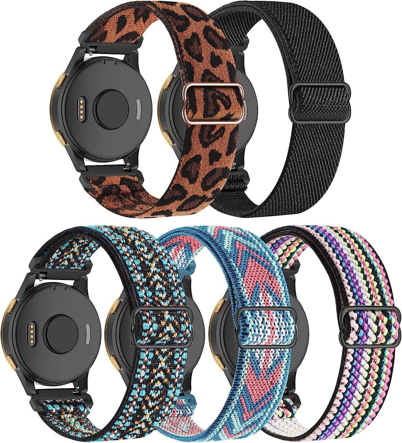 Oanux Stretchy Bands Compatible with Garmin Forerunner 245/245 Music/Venu/Vivoactive 3/Venu Sq/Vivoactive 3 Music/Vivomove Hr/Forerunner 645/645 Music/Venu 2 Plus(5 Pack)  Oanux Green Arrow/ Bohemian Green/ Colorful/ Brown Leopard/ Black  