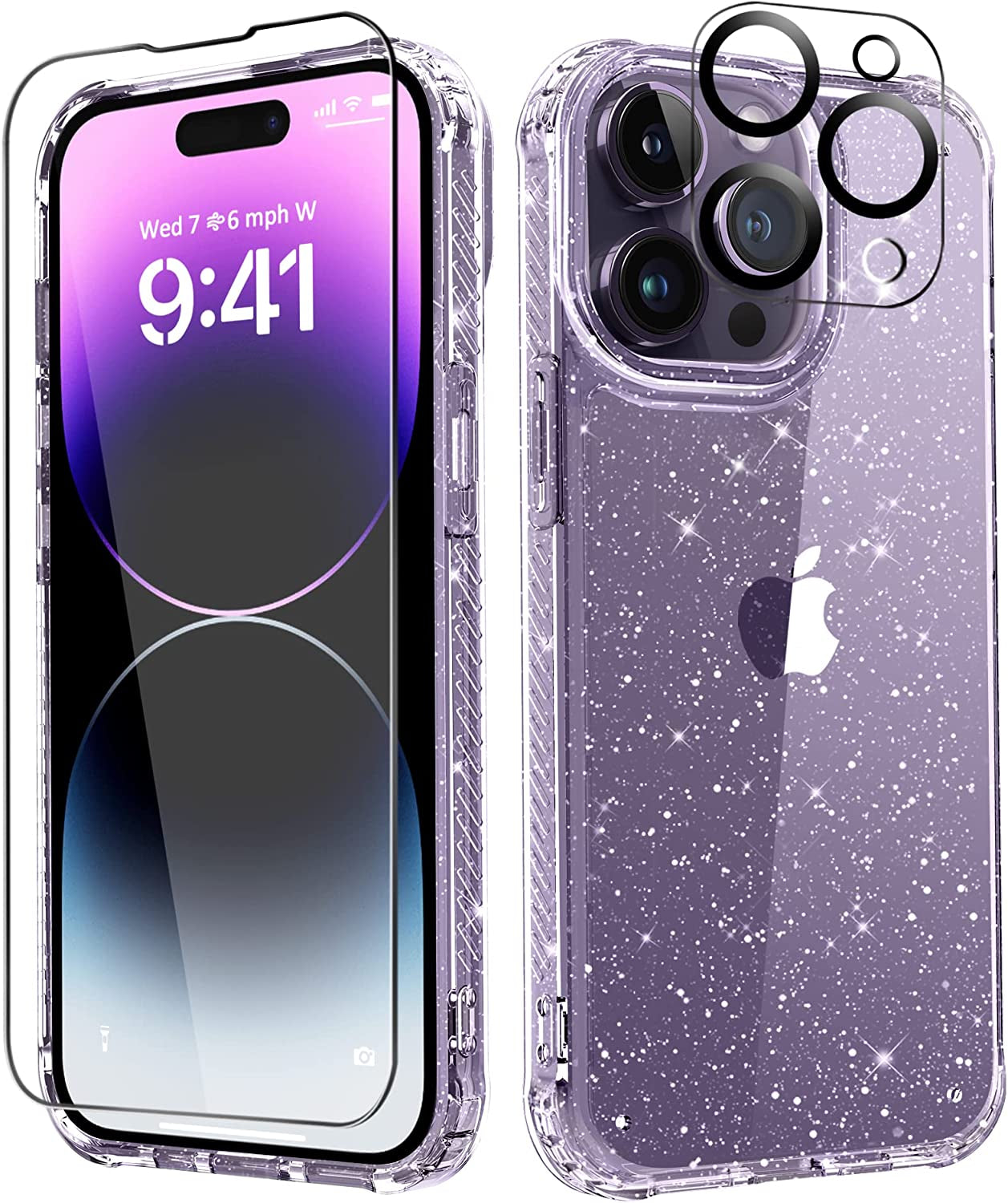 MIODIK for Iphone 14 Pro Max Case Clear Glitter, with Screen Protector + Camera Protector, [Military-Grade Protective] [Non-Yellowing] Slim Shockproof Women Cute Bumper Cover 6.7" 2022 (Light Purple)  MIODIK Clear  