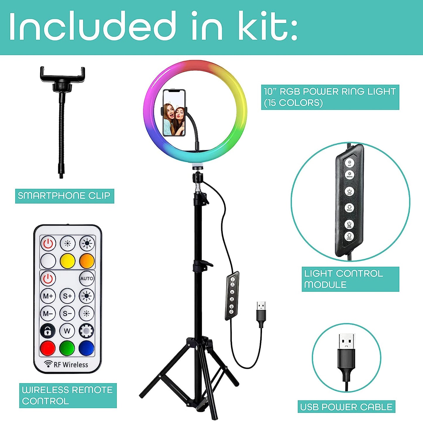 Aduro U-Stream Selfie RGB Ring Light with Tripod Stand and Remote Control, Dimmable 10" LED Ring Light with Stand and Phone Holder for Photography Makeup Vlogging Live Streaming  Aduro   