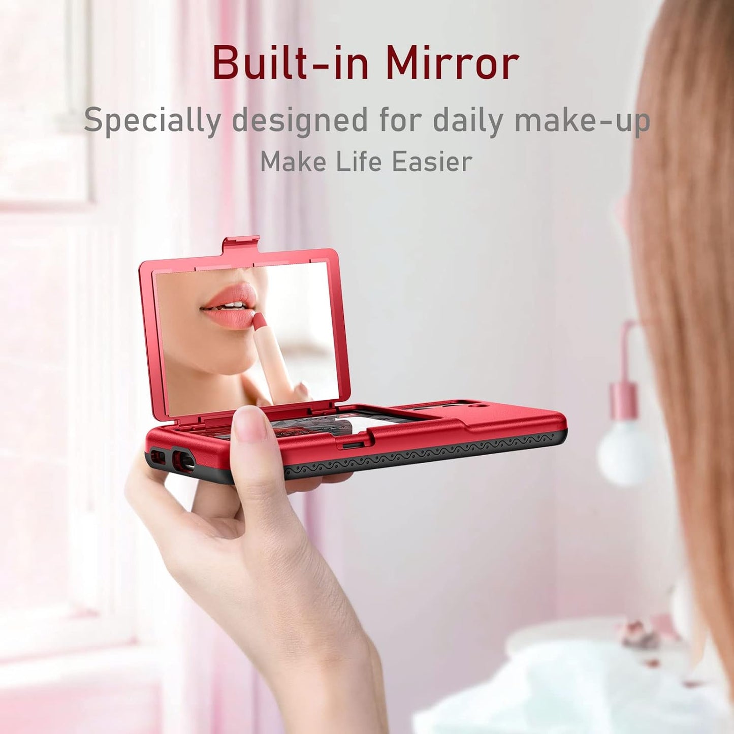 Welovecase Samsung Galaxy S22 Case Wallet Case with Credit Card Holder & Hidden Mirror, All-Round Protection Shockproof Phone Cover Designed for Samsung Galaxy S22 5G, 6.1 Inch Red  WeLoveCase   