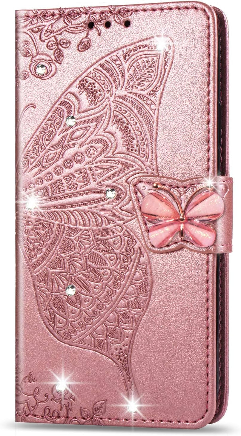ZYZX LG G8 Thinq Wallet Case,3D Butterfly Flower LG G8 Thinq PU Leather Flip Phone Shell, with Credit Cards Slot and Stand Shockproof Magnetic Protective Cover-Hzd  ZYZX Rhinestone Rose Gold  