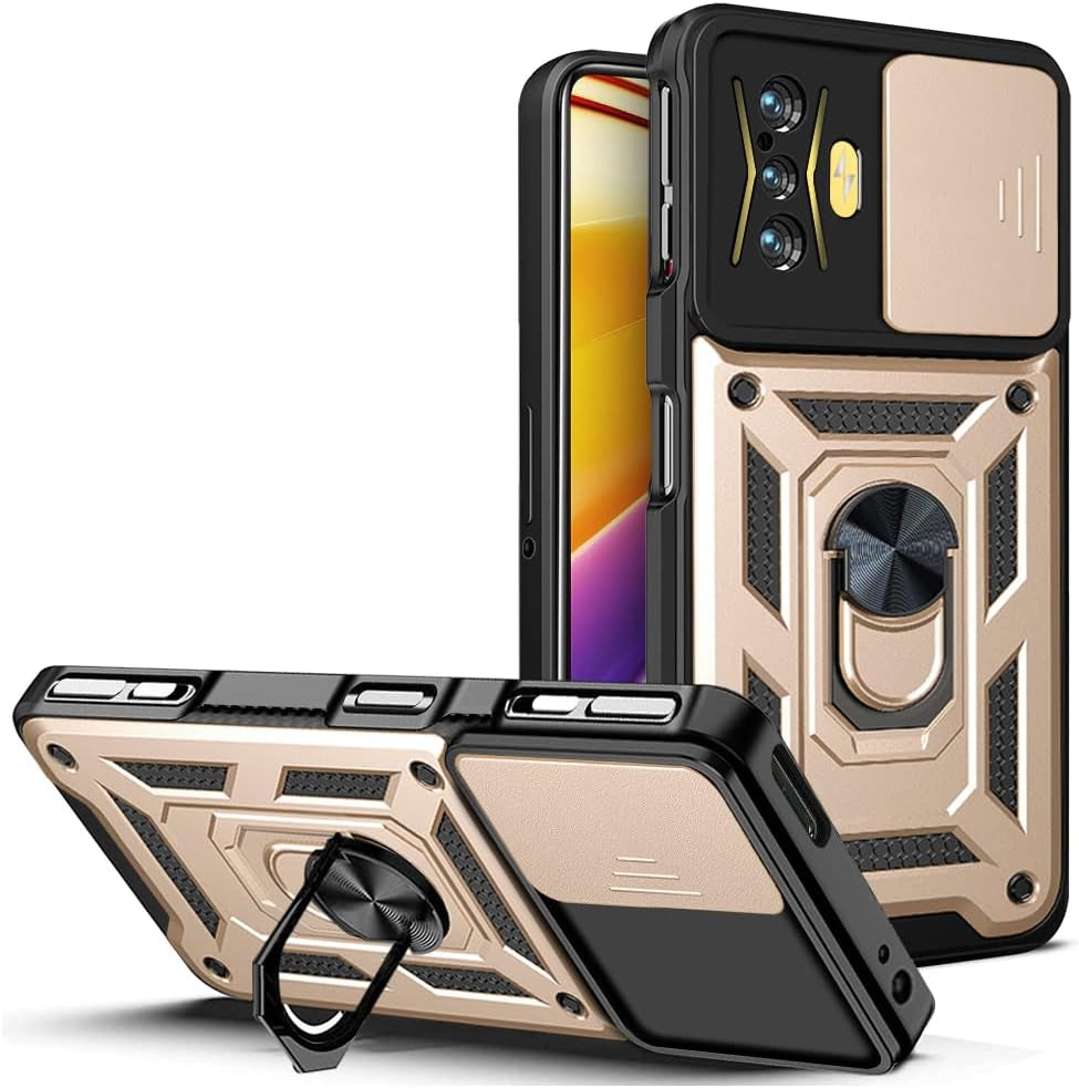 Ysnzaq Military Grade Heavy Duty Shockproof Phone Case for Xiaomi Redmi K50 Gaming/Poco F4 GT, Sliding Window Lens Protection with Magnetic Car Bracket Phone Cover for Xiaomi Poco F4 GT SJ Gold  Ysnzaq   