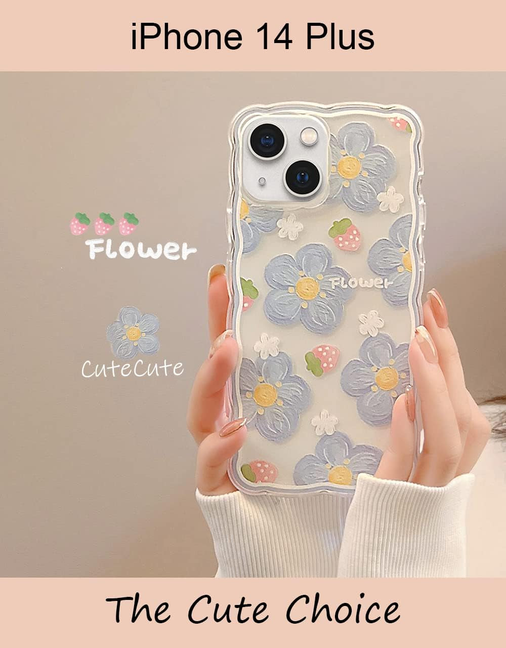 GUSDBSW Cute Iphone 14 plus Case for Women Girls, Lovely Floral Strawberry Pattern Wave Comfortable Grip Design for Girly, Slim Thin Soft Flexible TPU Clear Protective Phone Case - Blueberry Flower  GUSDBSW   