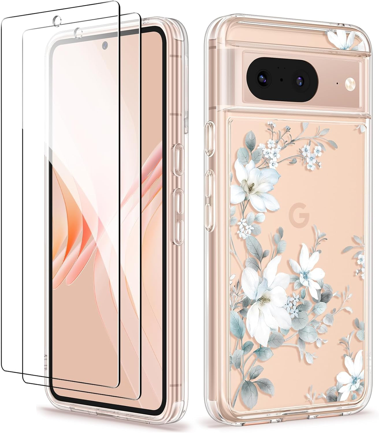 GVIEWIN Compatible with Google Pixel 8 Case with 2X Screen Protector, Clear Floral Slim Shockproof Protective Hard PC+TPU Bumper Flower Women Phone Case Cover 6.2'' 2023 (Cherry Blossoms/Purple)  GVIEWIN Serissa/White For Google Pixel 8 (6.2-Inches, 2023) 