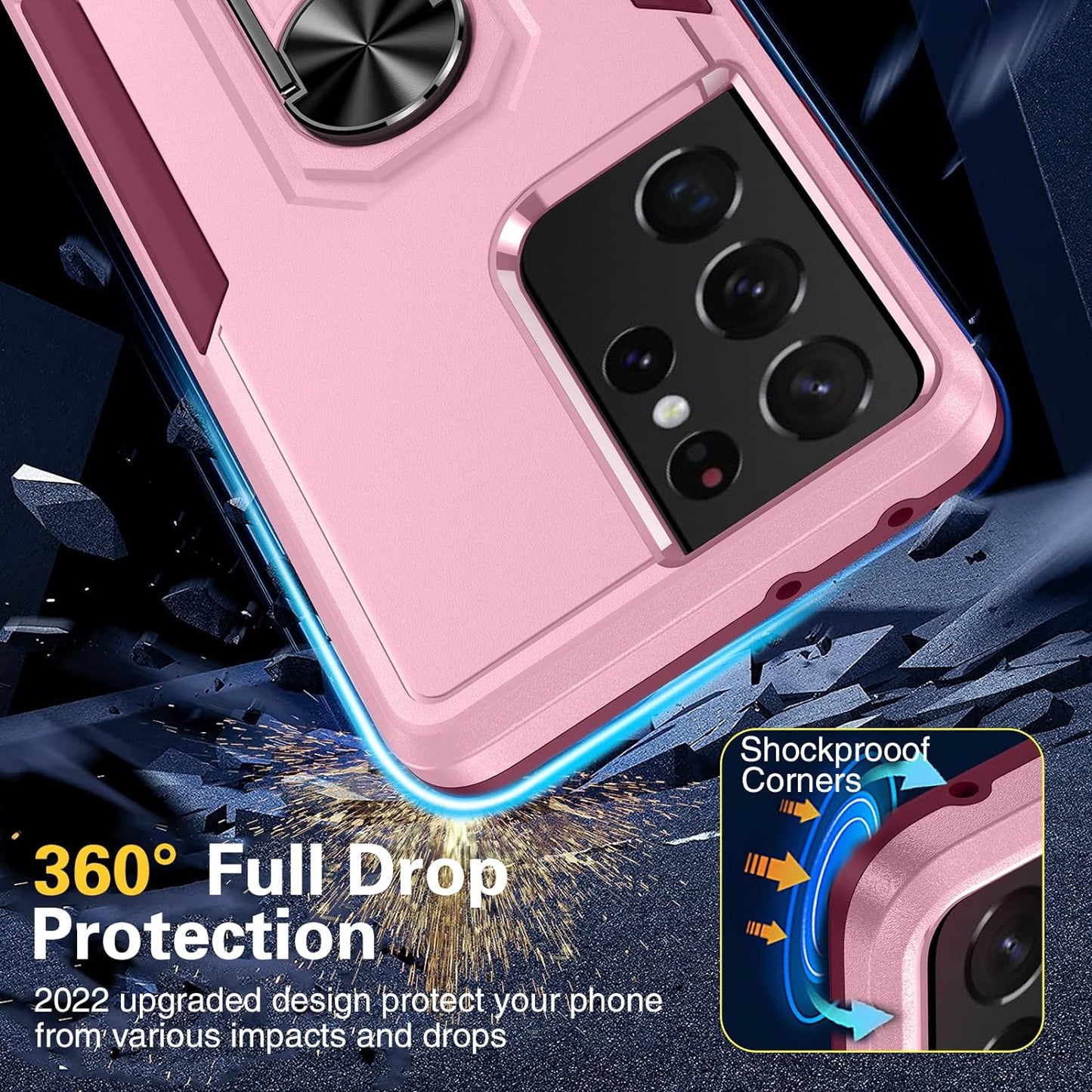 Oterkin for S21 Ultra Case 5G,Samsung Galaxy S21 Ultra Case with [2 X 9H Lens Protectors][Adjustable Ring Kickstand] Shockproof Anti-Scratch Heavy Duty Phone Case for Galaxy S21 Ultra (Pink)  Oterkin   