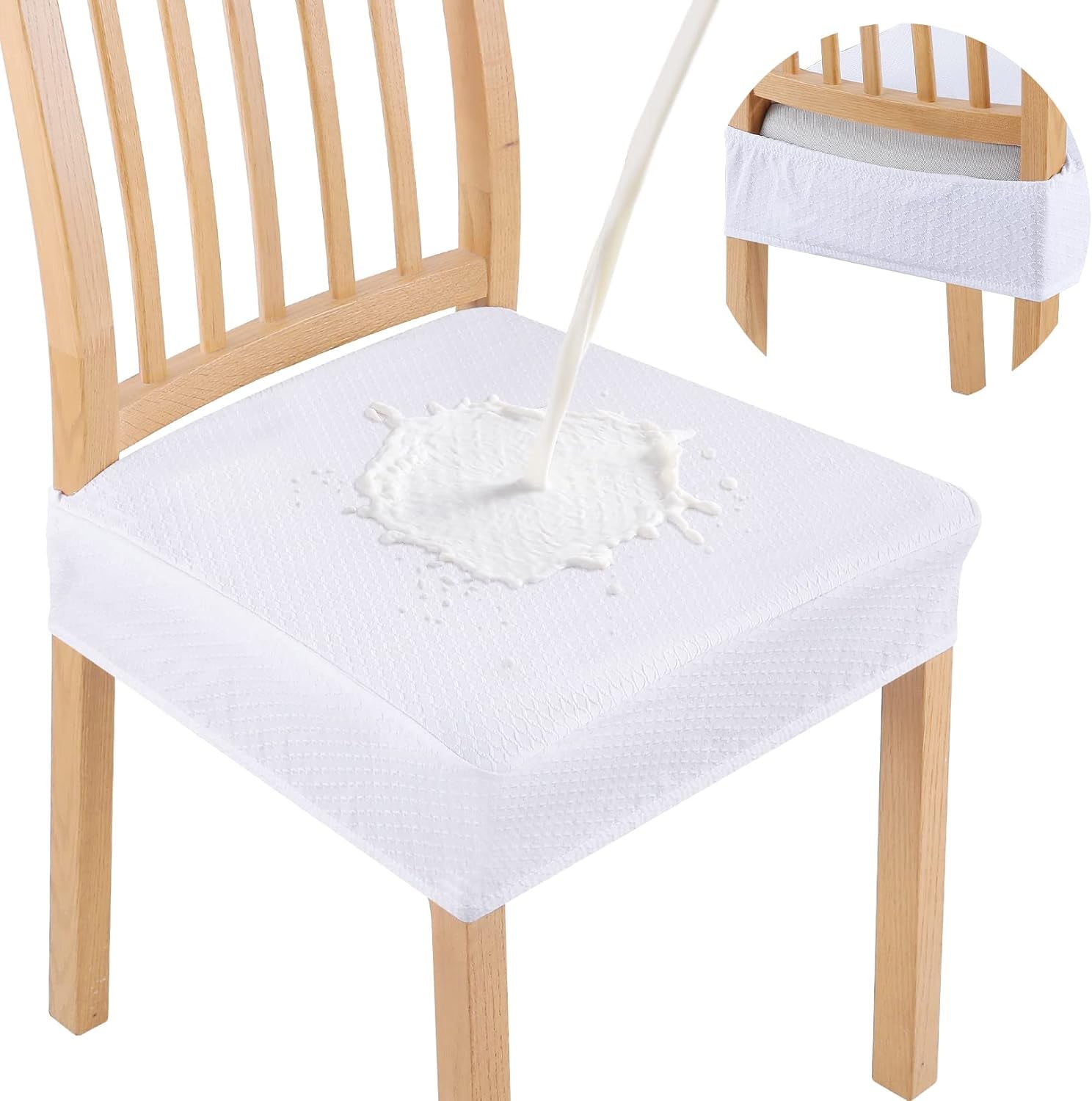 Smiry Waterproof Seat Covers for Dining Room Chairs Set of 4, Stretch Jacquard Removable Washable Chair Seat Slipcovers Protector, No Rear Covers, Beige  smiry White 8 