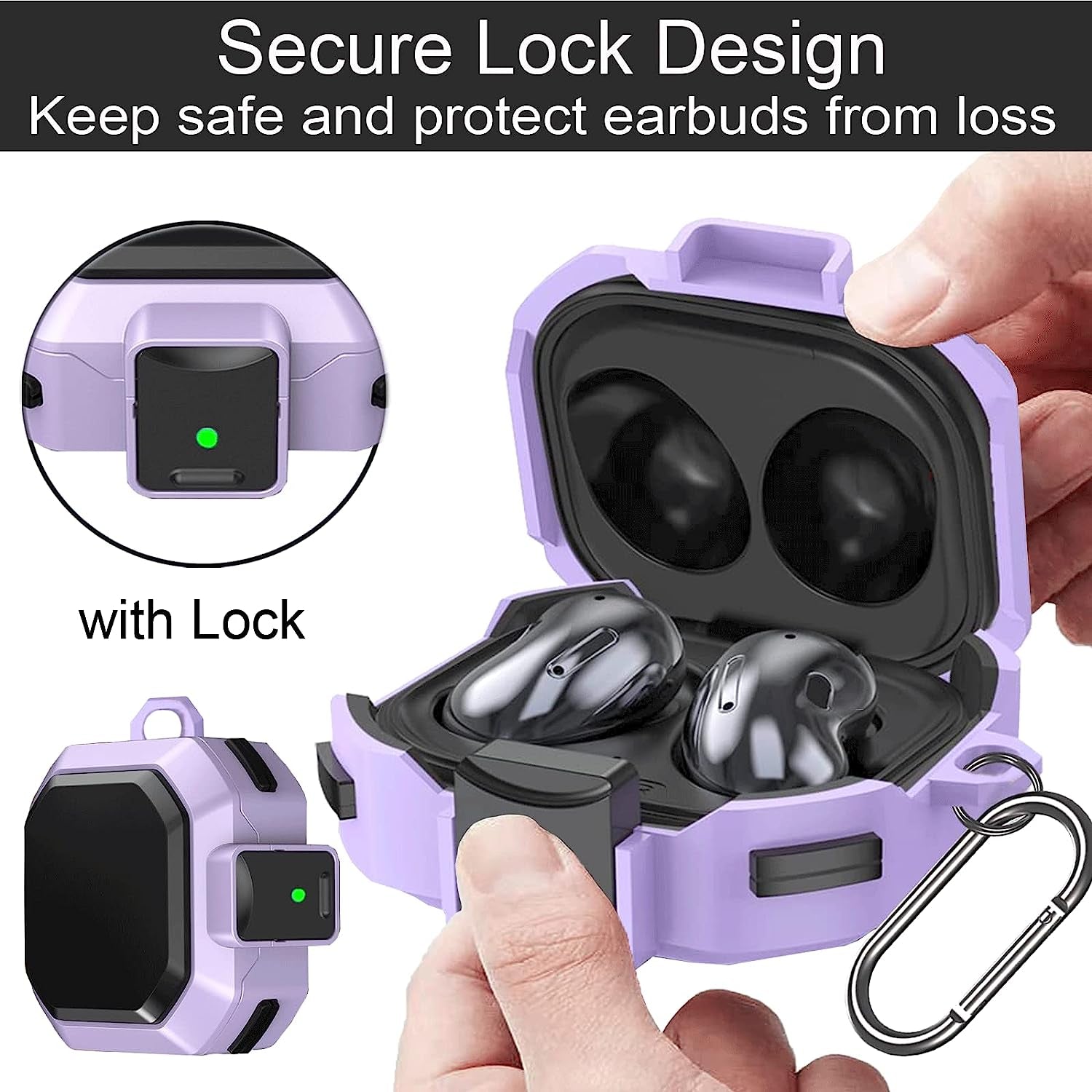 Locking Case Compatible with Samsung Galaxy Buds 2 / Galaxy Buds Pro 2/ Galaxy Buds Pro/Galaxy Buds Live, Galaxy Buds Case with Lock, Keychain and Strap/Lanyard, Galaxy Buds2 Case Cover (Purple)  ULITIQ   