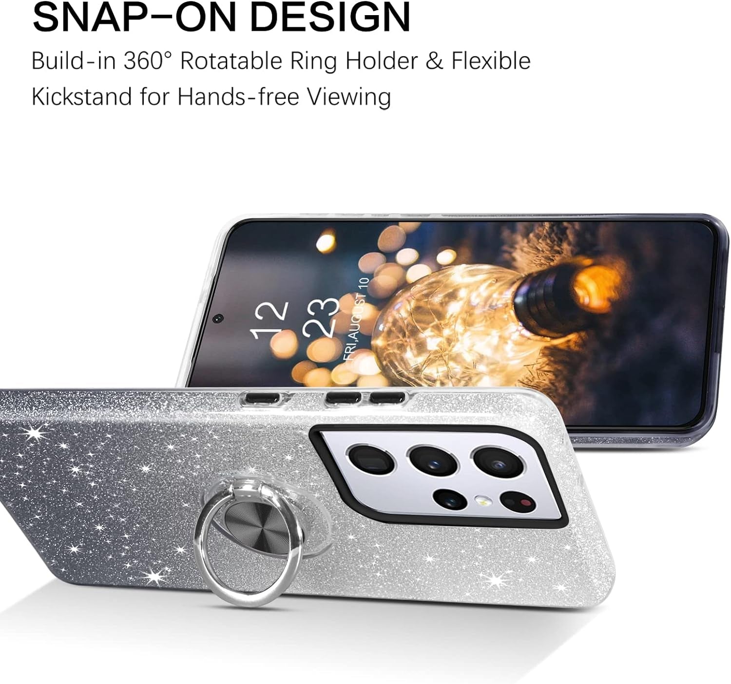 BENTOBEN Compatible with Samsung Galaxy S21 Ultra Case, Slim Fit Glitter Sparkly 360° Ring Holder Kickstand Magnetic Protective Girls Women Cover for Samsung Galaxy S21 Ultra 6.8“, Black  BENTOBEN   