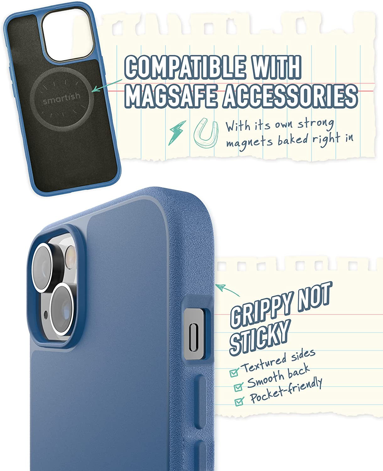 Smartish Iphone 14 Slim Case - Gripmunk Compatible with Magsafe [Lightweight + Protective] Thin Grip Cover with Microfiber Lining - Blues on the Green  Smartish   
