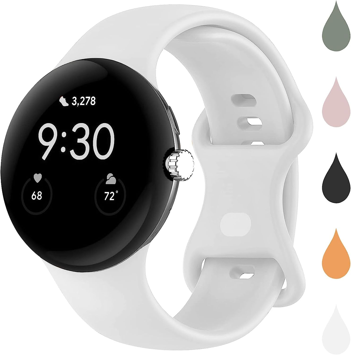 BMINEN Bands 4 Pack for Google Pixel Watch Band, Soft Silicone Wristband Women Men Waterproof Sport Strap Band for Google Pixel Watch 2022 (L, 4PACS-A-L)  BMINEN White Large 