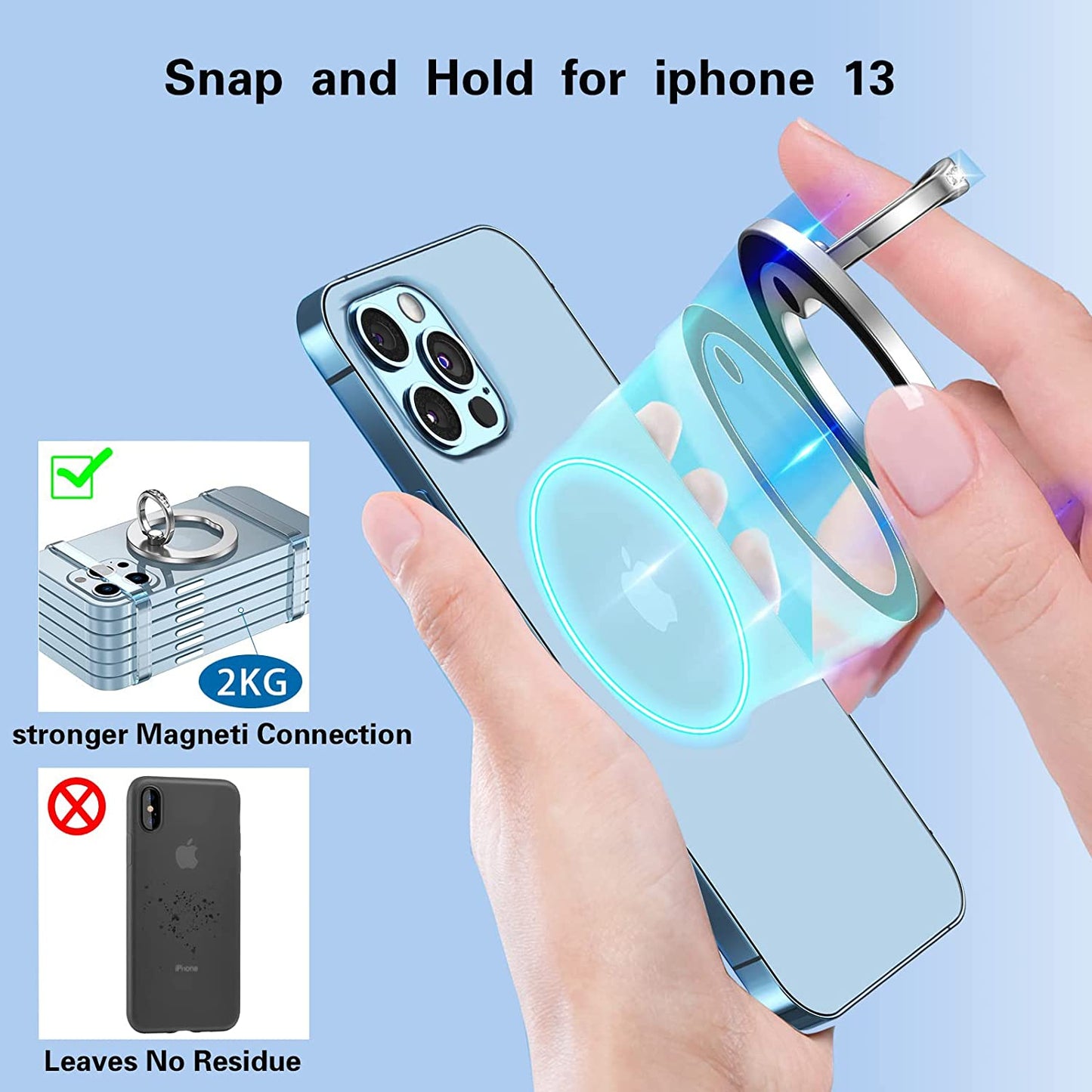 AUROX Magnetic Phone Ring Holder for Iphone 14 13 12 Magnetic Phone Grip for Magsafe Accessories 360° Rotation Adjustable Phone Finger Ring Stand【Removable for Wireless Charging】(Light Blue)  AUROX   