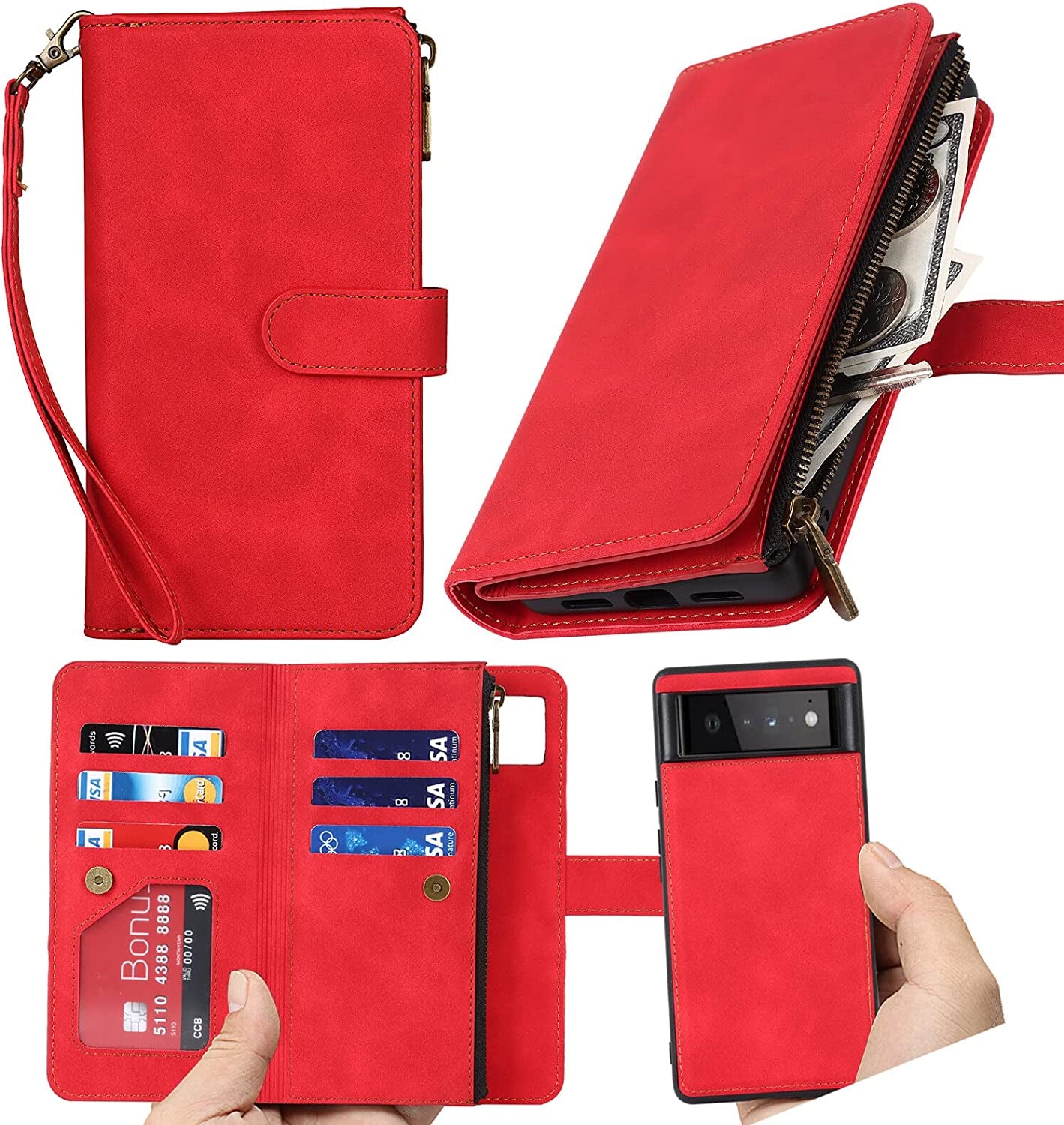 Ｈａｖａｙａ Google Pixel 6 Pro 5G 6.7" Case Zipper Wallet- with 6 Card Holder [RFID Blocking]- Detachable 2-In-1-Wristband Lanyard - for Women and Men-Wireless Charger Compatible Flip Folio Cover-Purple  Ｈａｖａｙａ 2In1 Red Google Pixel 6 5G 