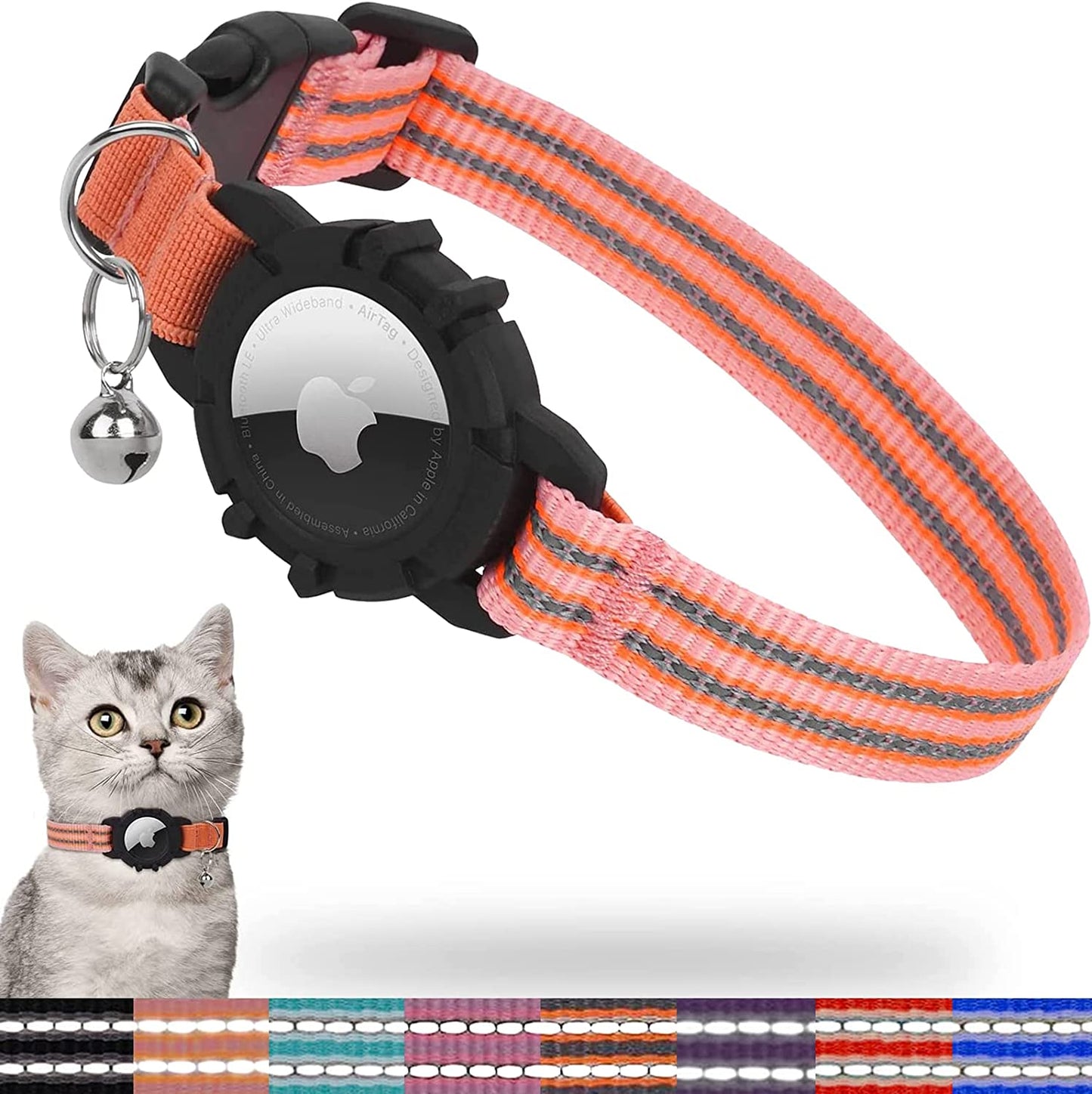 FEEYAR Airtag Cat Collar,Integrated Kitten Collar with Apple Airtag Holder, Reflective GPS Cat Collar with Bell[Pink], Lightweight Tracker Cat Collars for Girl Boy Cats, Kittens and Puppies  FEEYAR Salmon Pink 7-9 Inch 