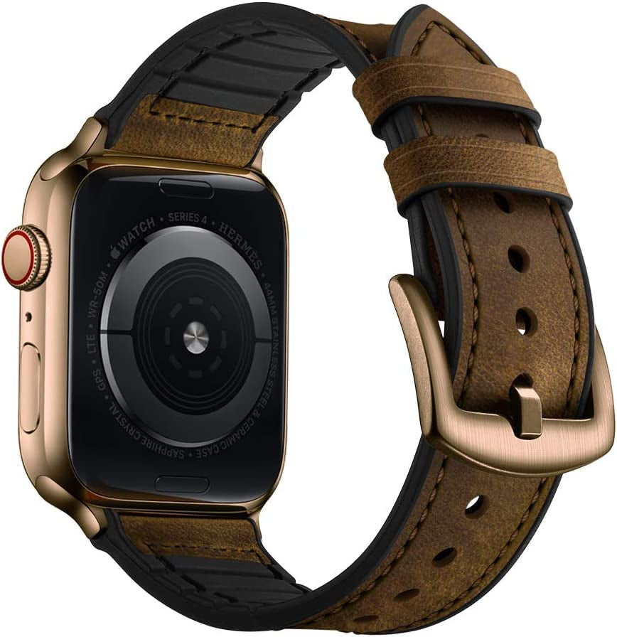 OUHENG Compatible with Apple Watch Band 49Mm 45Mm 44Mm 42Mm, Sweatproof Genuine Leather and Rubber Hybrid Band Strap for Iwatch Ultra Series 8 7 6 5 4 3 2 1 SE2 SE, Brown Band with Black Adapter  OUHENG Retro Dark Brown/Bronze Gold 41mm/40mm/38mm 