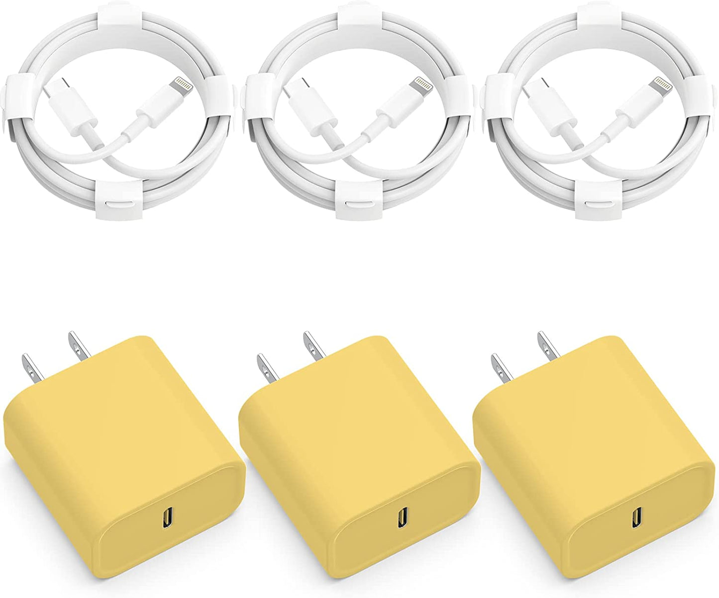 3-Pack Iphone 14 13 12 11 Fast Charger,【Apple Mfi Certified】 20W PD USB C Wall Charger 6FT Cable Fasting Charging Adapter Compatible with Iphone 14Pro/13 Pro/12/12 Pro Max/11 Pro Max/Xs Max/Xs/Xr/X/8  CQDKWG Yellow  