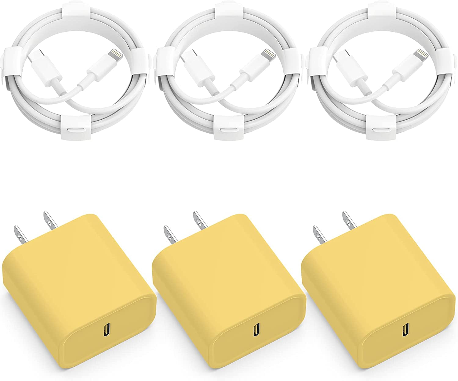 3-Pack Iphone 14 13 12 11 Fast Charger,【Apple Mfi Certified】 20W PD USB C Wall Charger 6FT Cable Fasting Charging Adapter Compatible with Iphone 14Pro/13 Pro/12/12 Pro Max/11 Pro Max/Xs Max/Xs/Xr/X/8  CQDKWG Yellow  