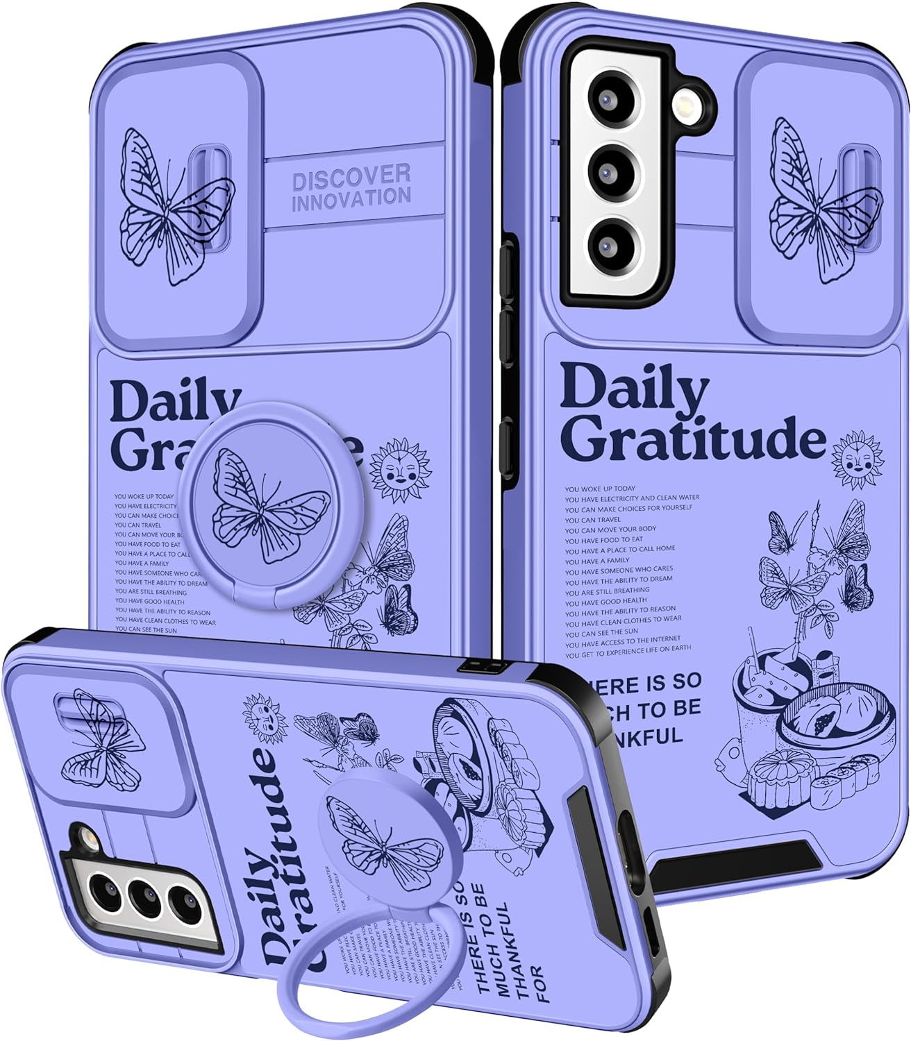 Funermei (2In1 for Samsung Galaxy S22 Case for Girls Women Cute Butterfly Cover Girly Aesthetic Black Pretty Fashion Design with Camera Cover and Ring Stand Funda for Galaxy S22 Phone Cases  Funermei 1-For Grateful Daily  