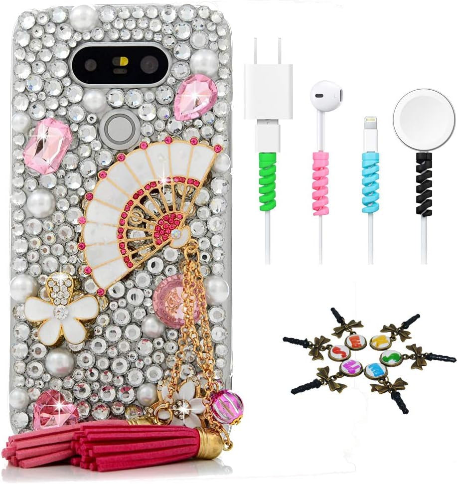 STENES Bling Case Compatible with LG G8 Thinq - Stylish - 3D Handmade Sparkle Series Anchor Shell Rose Flowrs Design Cover with Cable Protector [4 Pack] - Novy Blue  STENES Fan Tassel Flowers / Red Design For Lg G8 Thinq 