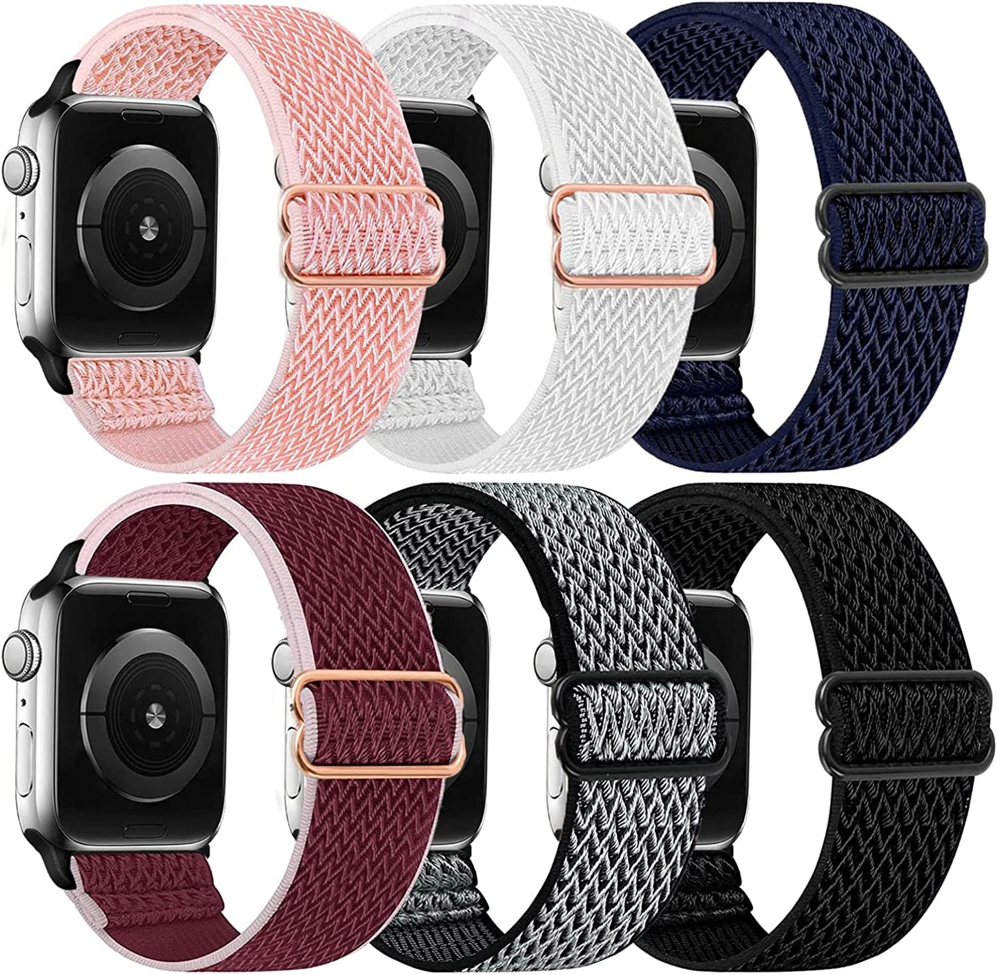 Adjustable Elastics Band Compatible with Apple Watch 38Mm 40Mm 41Mm 42Mm 44Mm 45Mm, Sport Solo Loop Stretch Nylon Replacement Wristband for Iwatch SE Series 8 7 6 5 4 3 2 1  LHXYUO Pink/white/Black/Wine/Silver/Navy 42/44/45mm 