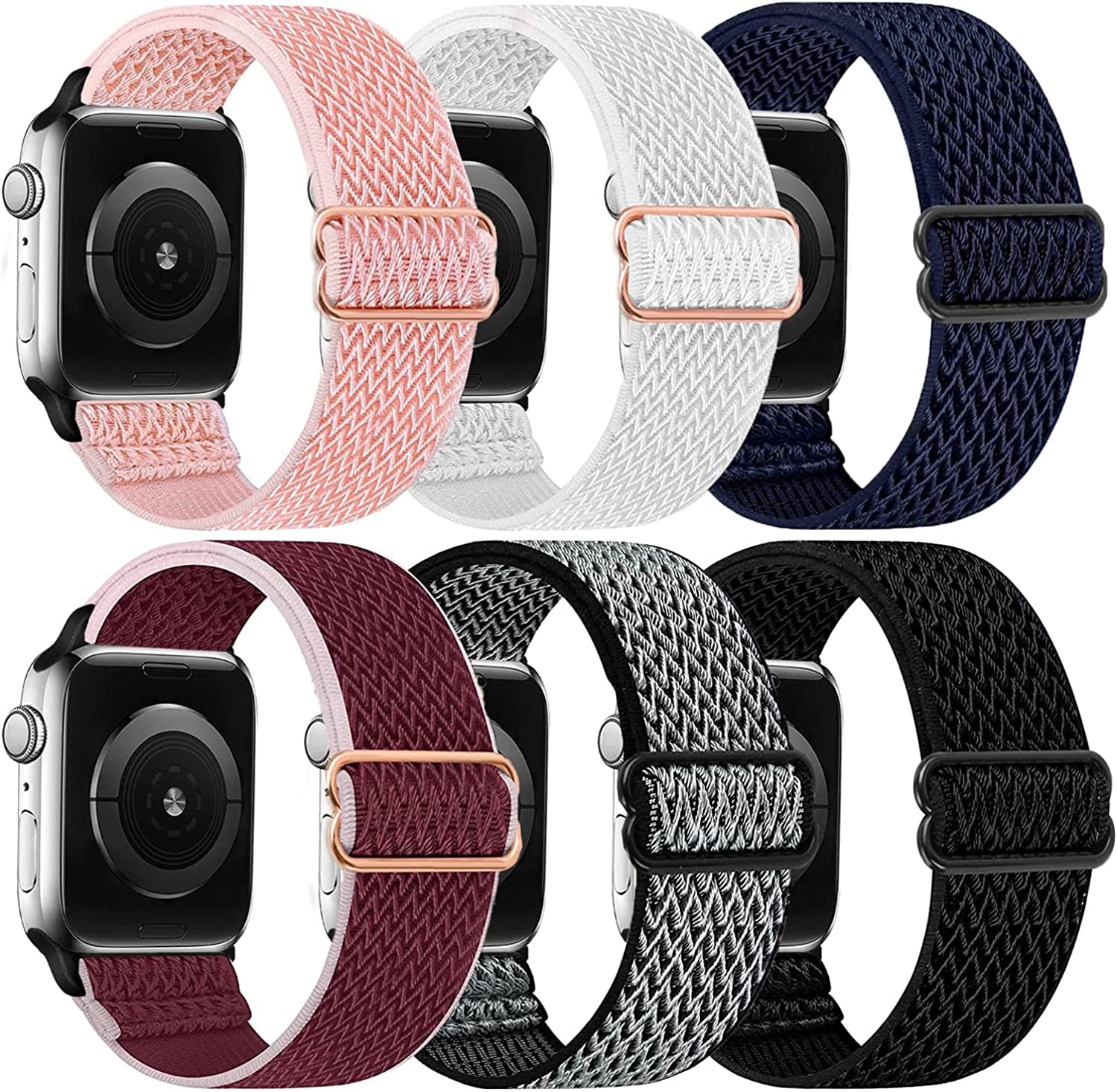 Adjustable Elastics Band Compatible with Apple Watch 38Mm 40Mm 41Mm 42Mm 44Mm 45Mm, Sport Solo Loop Stretch Nylon Replacement Wristband for Iwatch SE Series 8 7 6 5 4 3 2 1  LHXYUO Pink/white/Black/Wine/Silver/Navy 42/44/45mm 