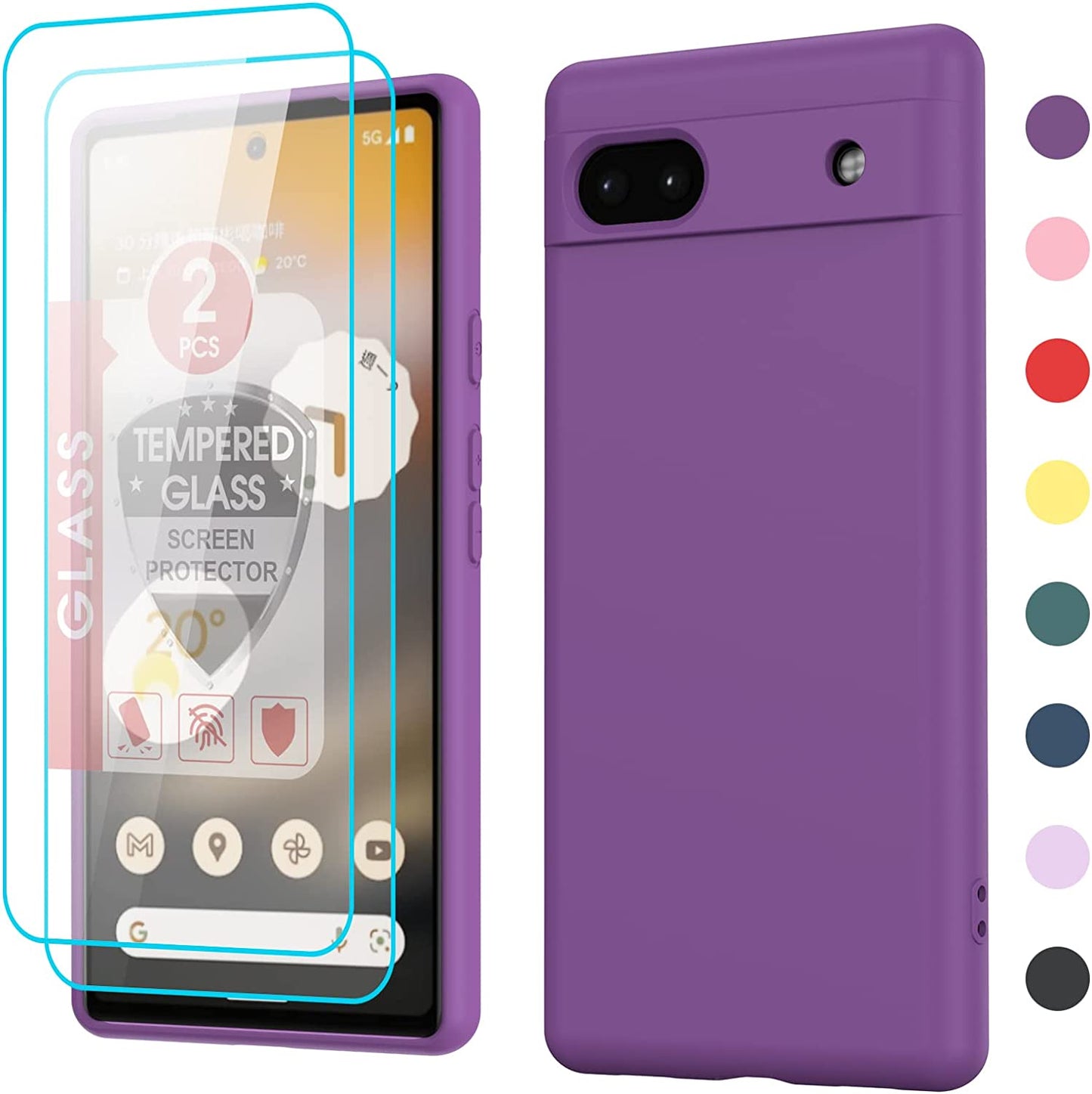 Leyi for Liquid Silicone Google Pixel 6A 5G Case: with 2-Pack Tempered Glass Screen Protectors, Soft Microfiber Liner, Orange  LeYi Red Purple  