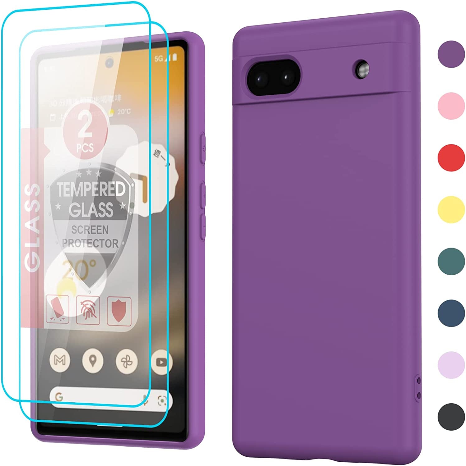 Leyi for Liquid Silicone Google Pixel 6A 5G Case: with 2-Pack Tempered Glass Screen Protectors, Soft Microfiber Liner, Orange  LeYi Red Purple  