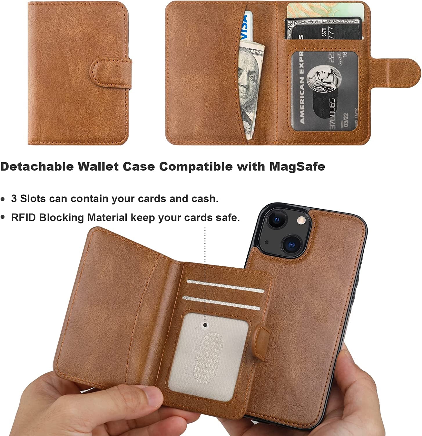 Bocasal Wallet Case for Iphone 13 Compatible with Magsafe Magnetic RFID Blocking Detachable Premium PU Leather Flip Case with Card Slots Holder Kickstand Wireless Charging 6.1 Inch (Brown)  Bocasal   