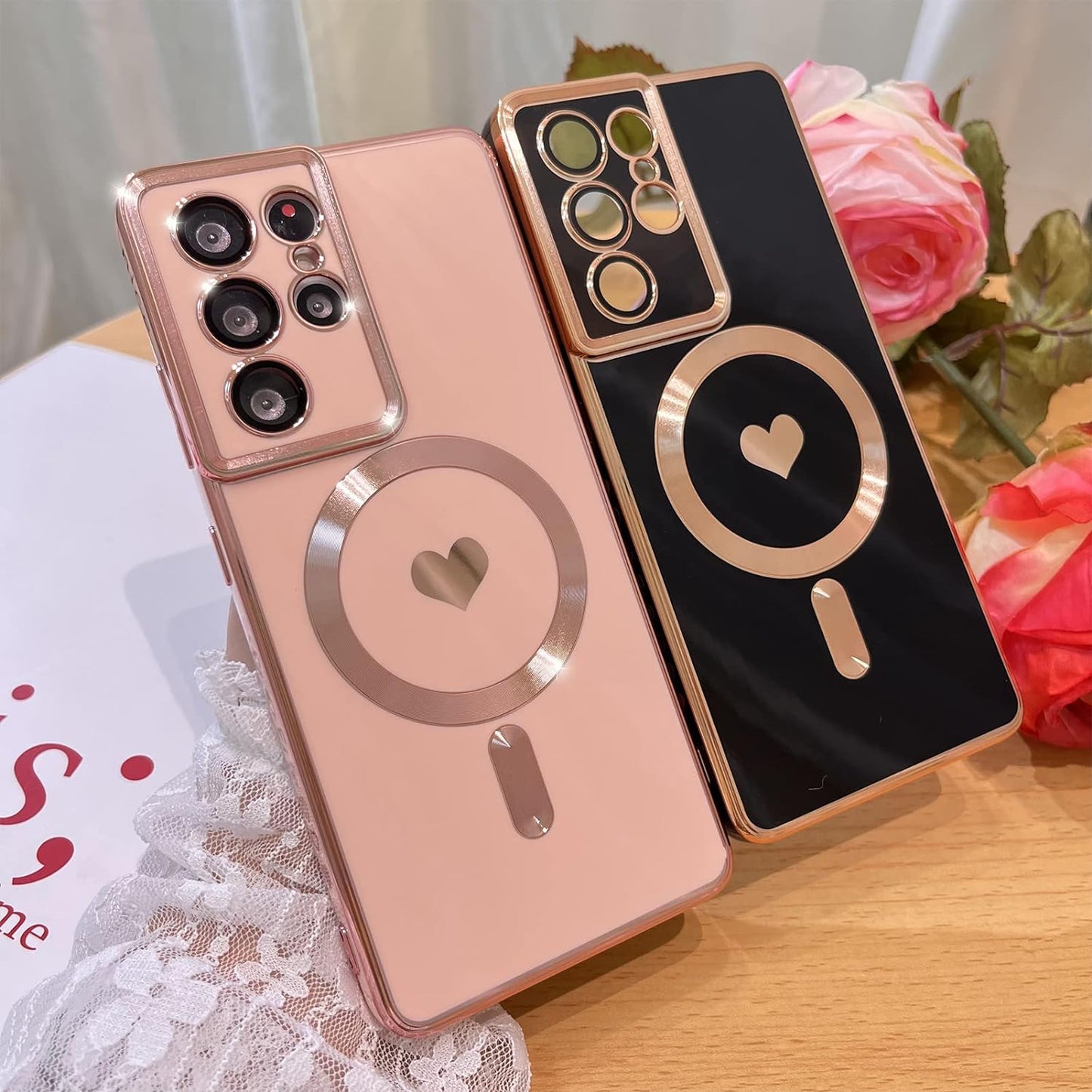 Bonoma Magnetic Case for Samsung Galaxy S21 Ultra Compatible with Magsafe, Cute Love Heart Luxury Plating Back Cover with Edge Elegant Aesthetic Hearts Pattern Silicone Phone Case-Pink  Bonoma   