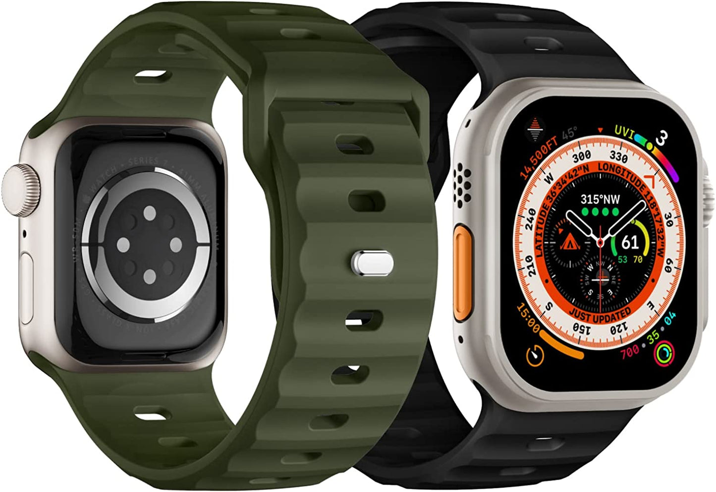 Sport Bands Compatible with Apple Watch Ultra Band 49Mm 45Mm 44Mm 42Mm for Men, Soft Silicone Wristbands Waterproof Replacement Strap for Iwatch Series 8 7 6 5 SE Ultra, 2 Packs  Suitisbest Black/Army Green 49mm/45mm/44mm/42mm Large 