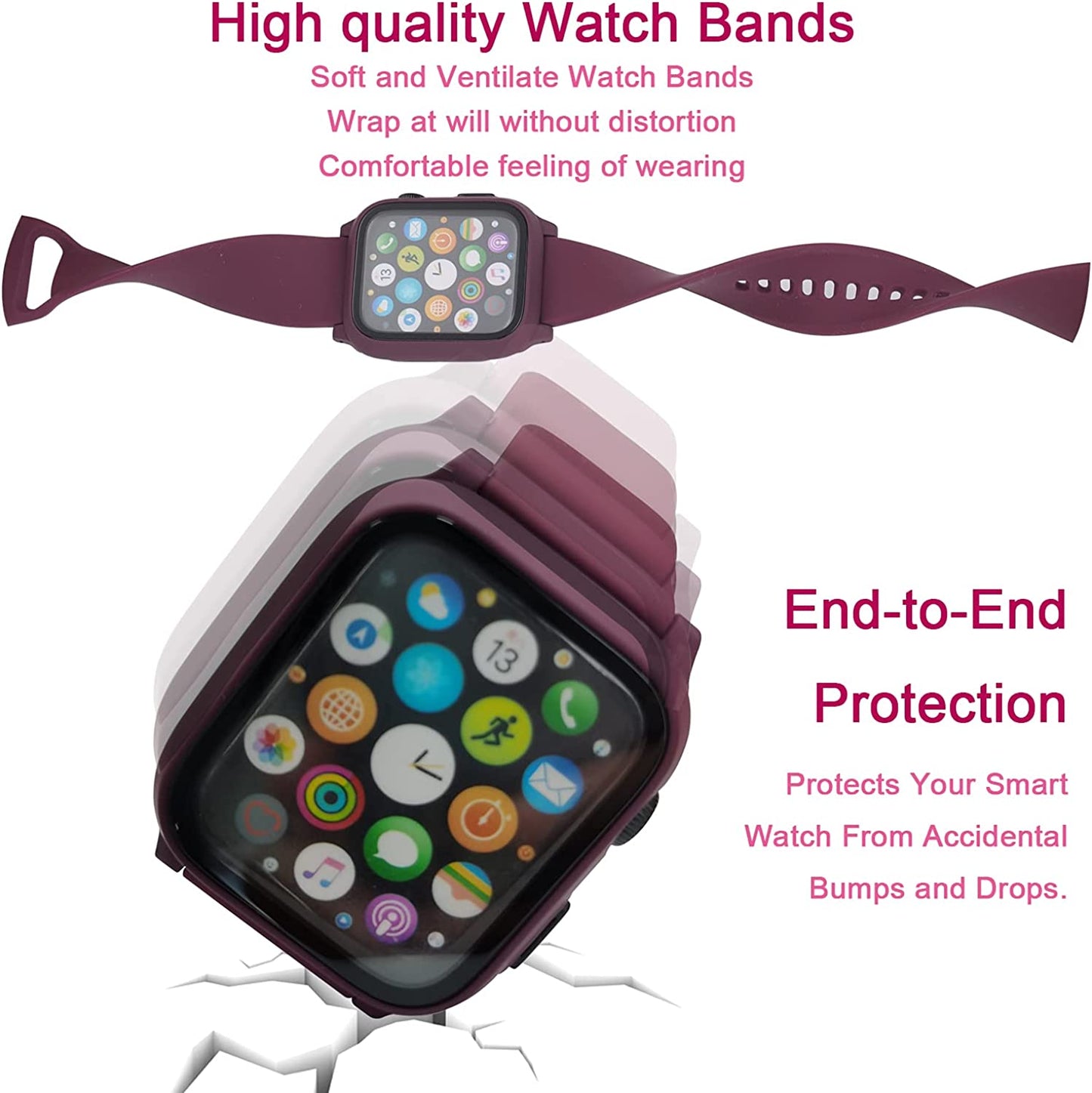 3 in 1 for Apple Watch Band with Case Built-In Screen Protector,Smartwatch Silicone Men Women Sport Wrist Strap & PC Hard Bumper Cover & Tempered Glass Screen Protector for Iwatch SE Series 8 7 6 5 4  Lasllaves   